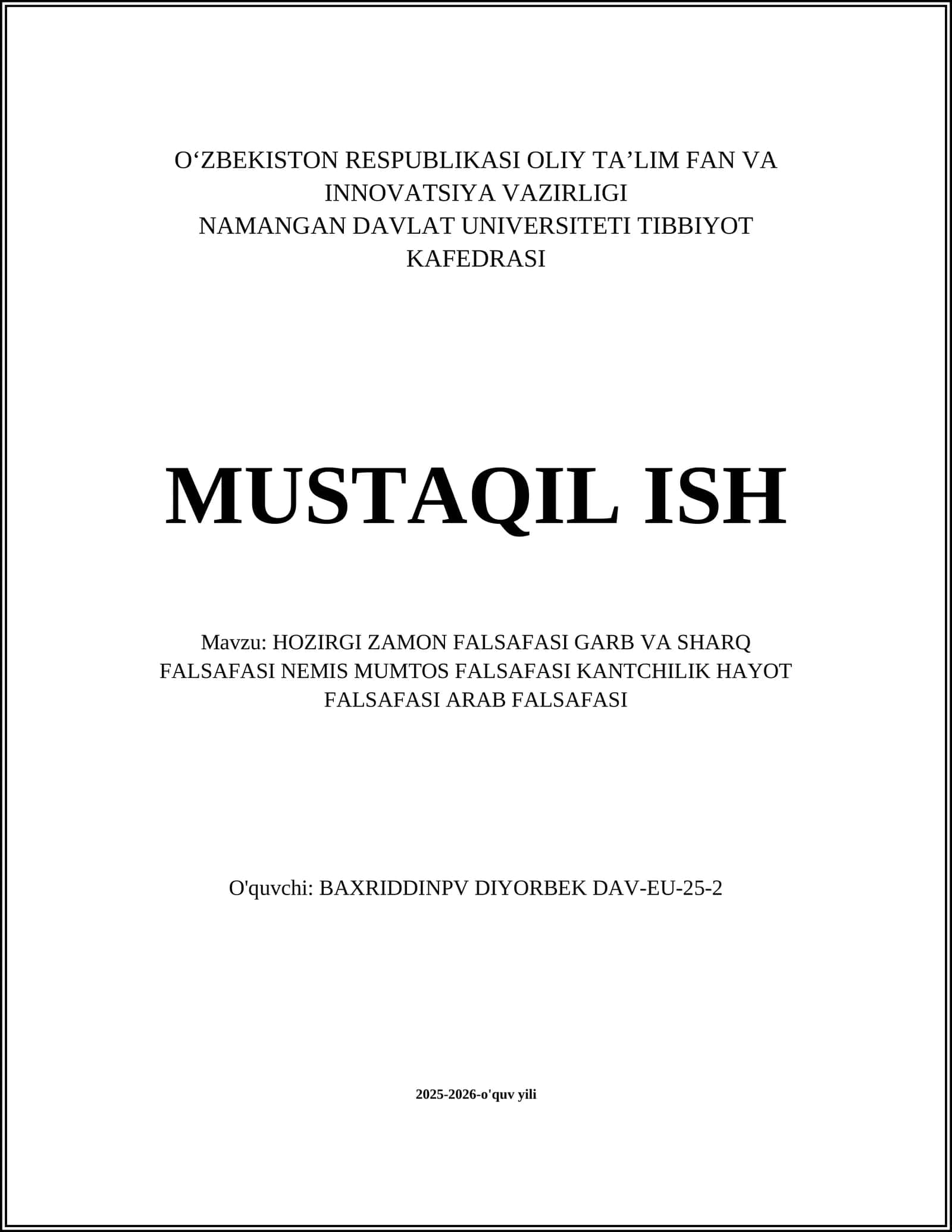 HOZIRGI ZAMON FALSAFASI GARB VA SHARQ FALSAFASI NEMIS MUMTOS FALSAFASI KANTCHILIK HAYOT FALSAFASI ARAB FALSAFASI
