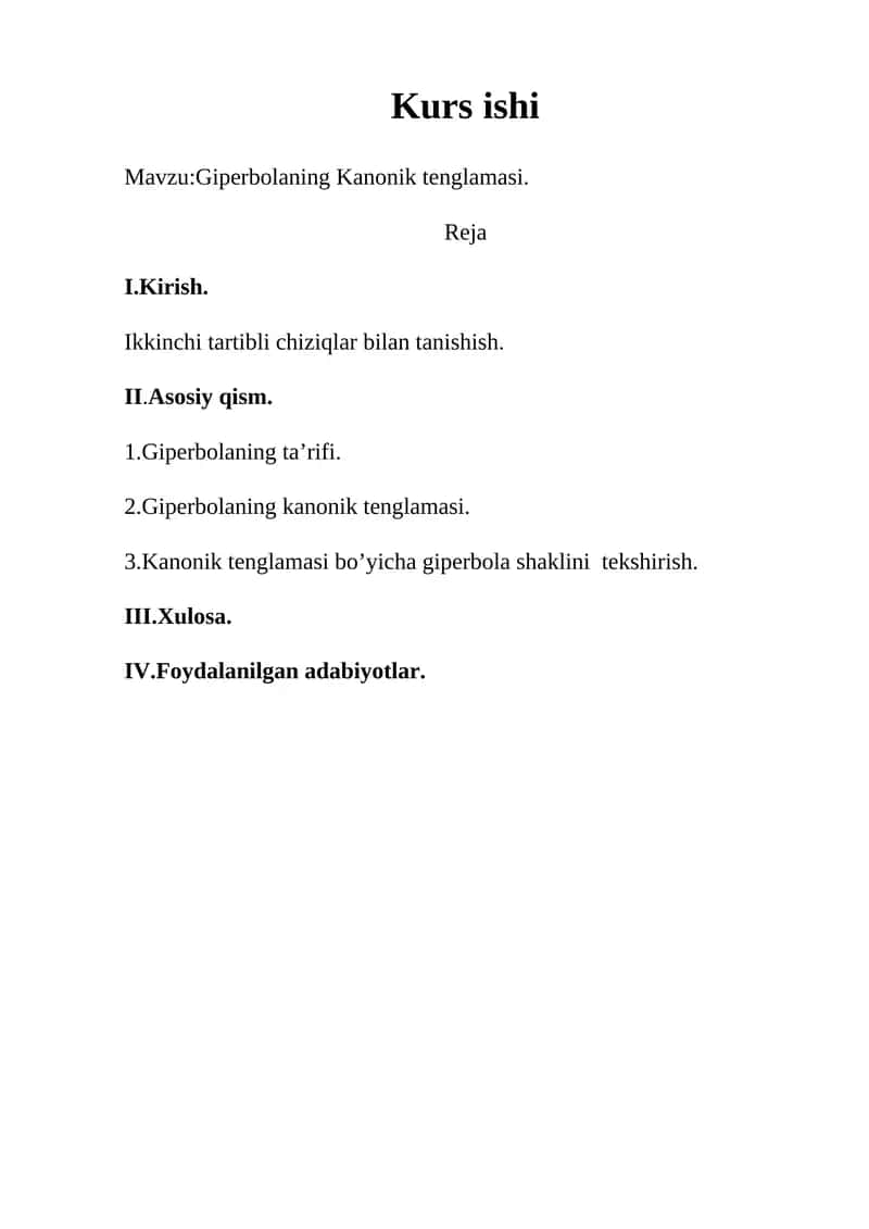 Giperbolaning Kanonik tenglamasi