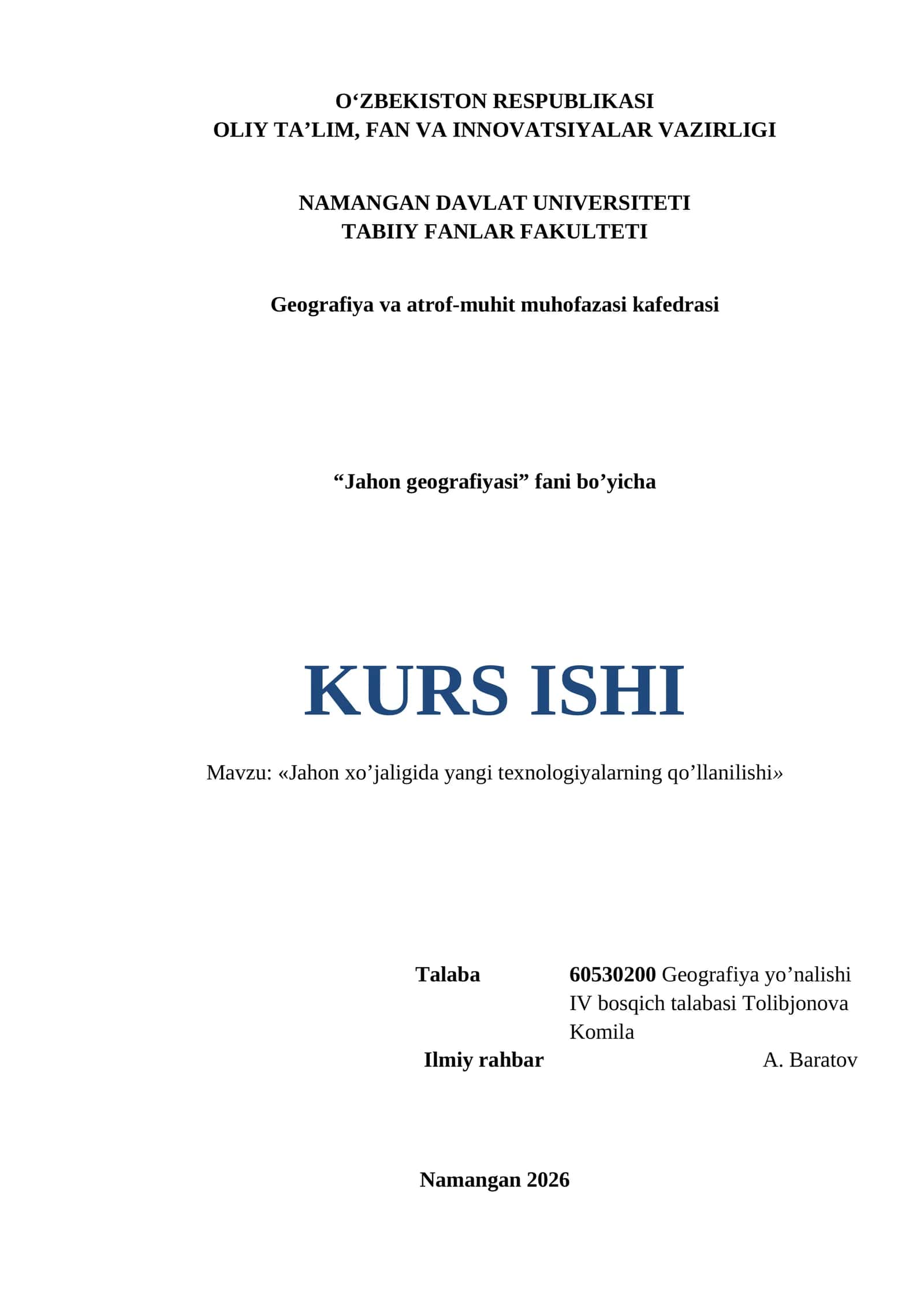 Jahon geografiyasi fani bo’yicha KURS ISHI