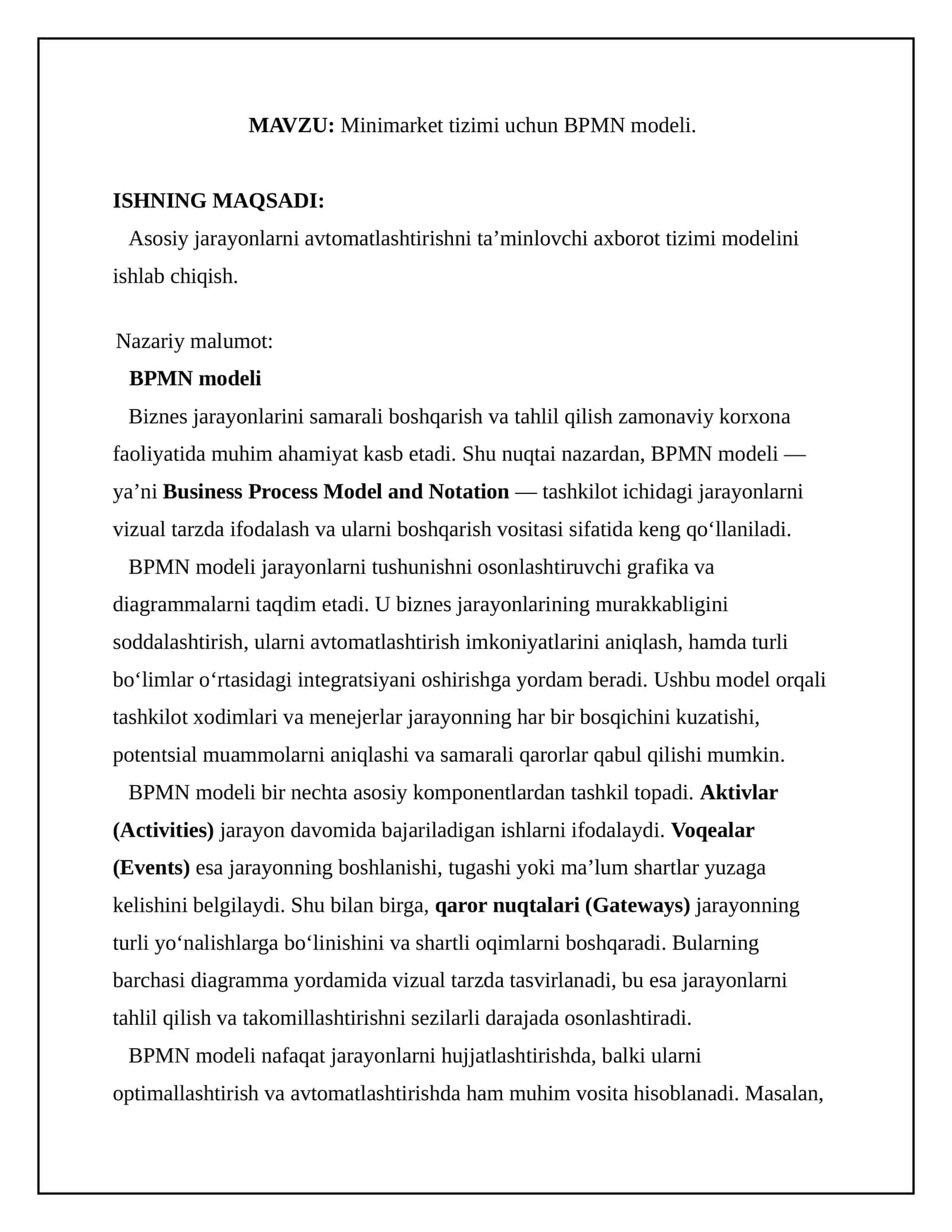 Minimarket tizimi uchun BPMN modeli