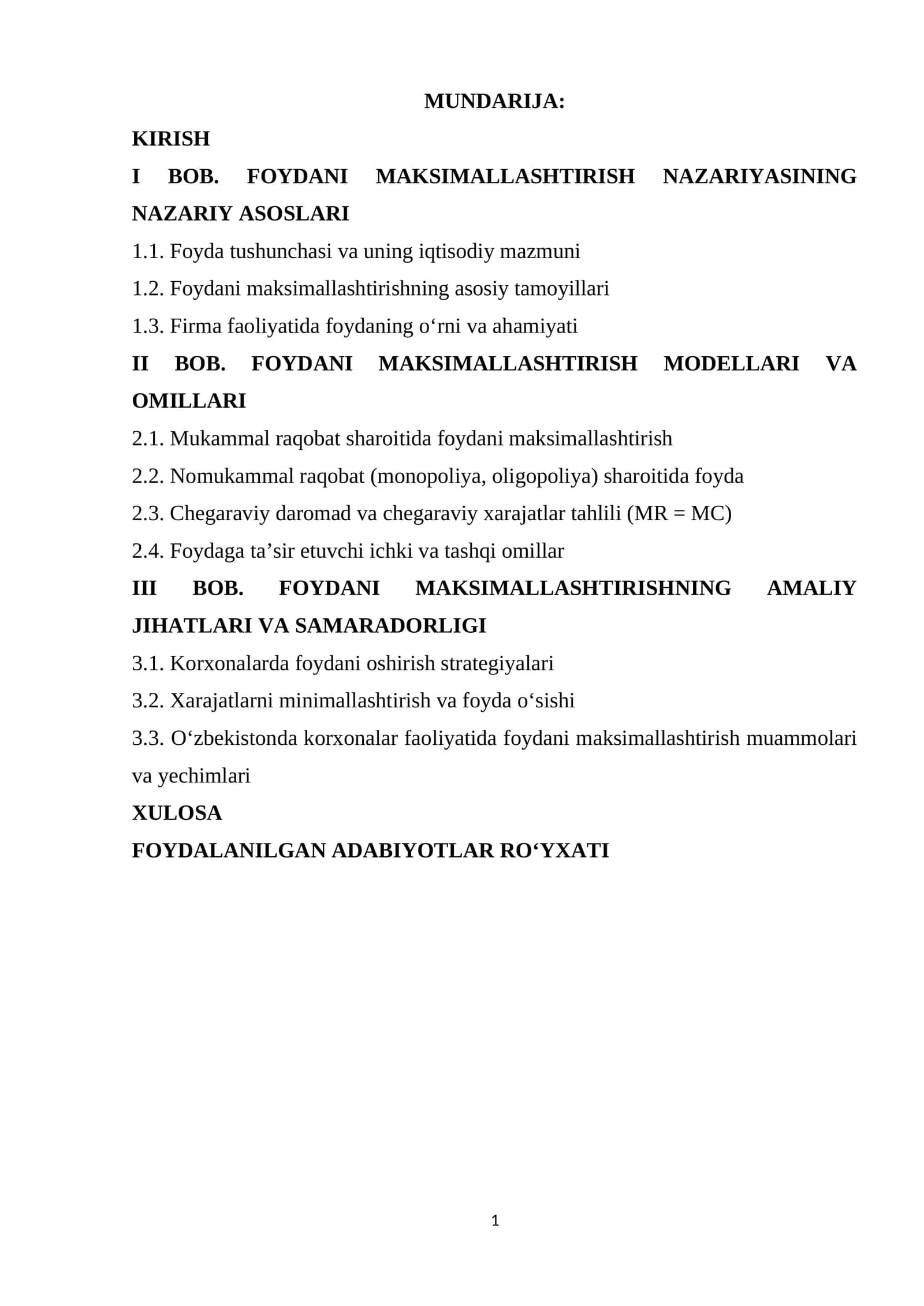Foydani maskimallashtirish nazariyasi kurs ishi