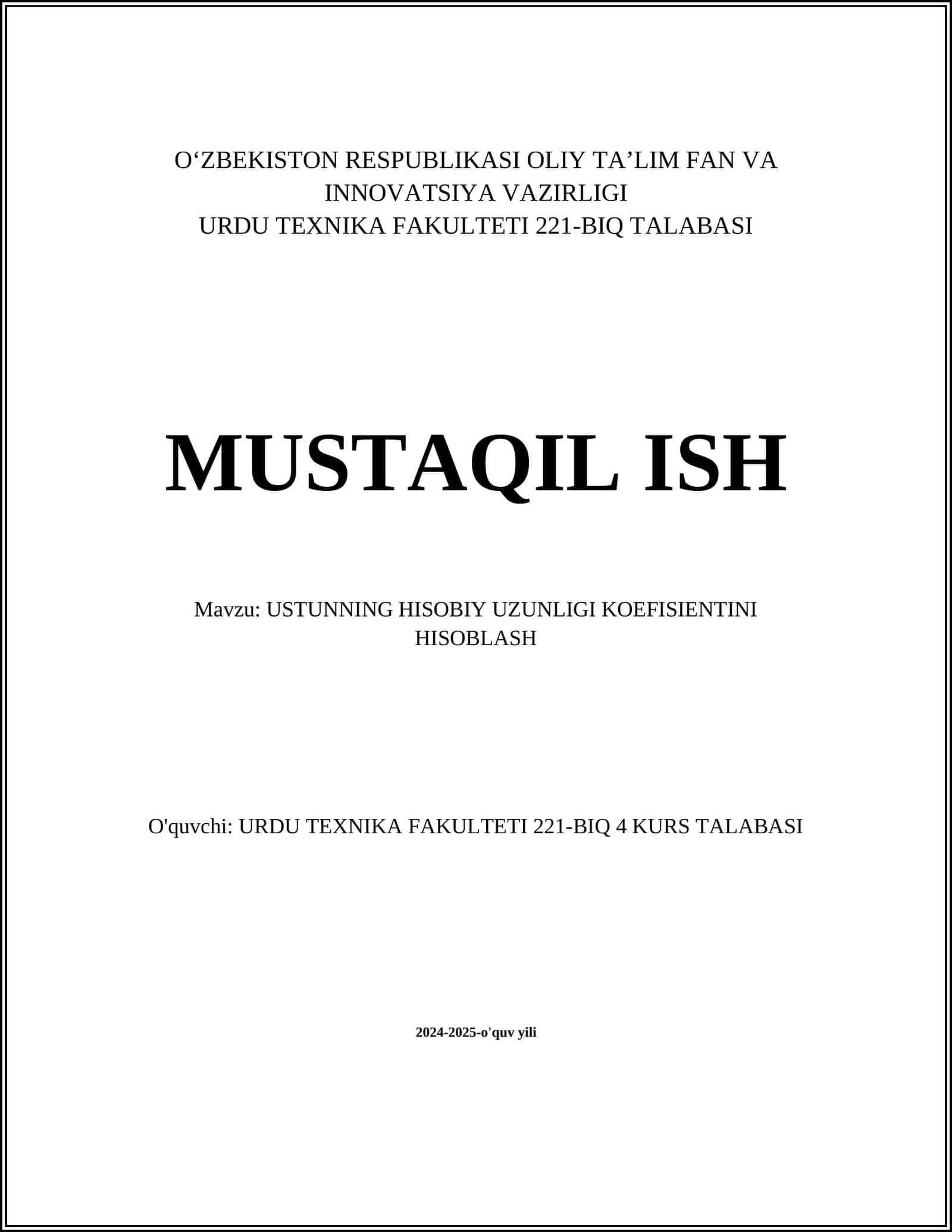 USTUNNING HISOBIY UZUNLIGI KOEFISIENTINI HISOBLASH
