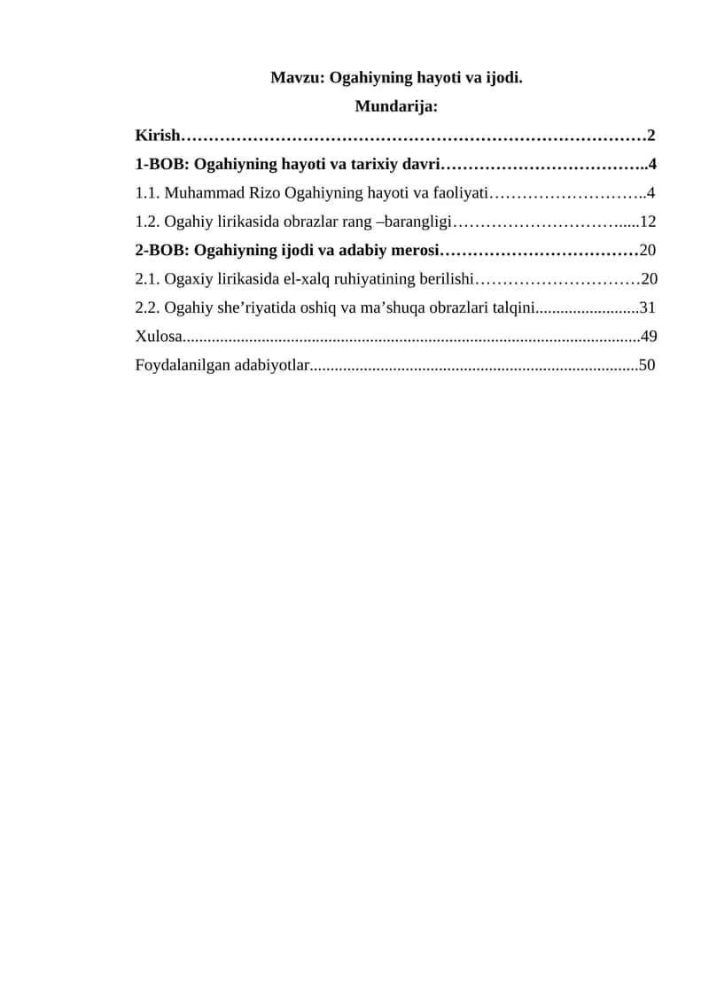 Ogahiyning hayoti va ijodi