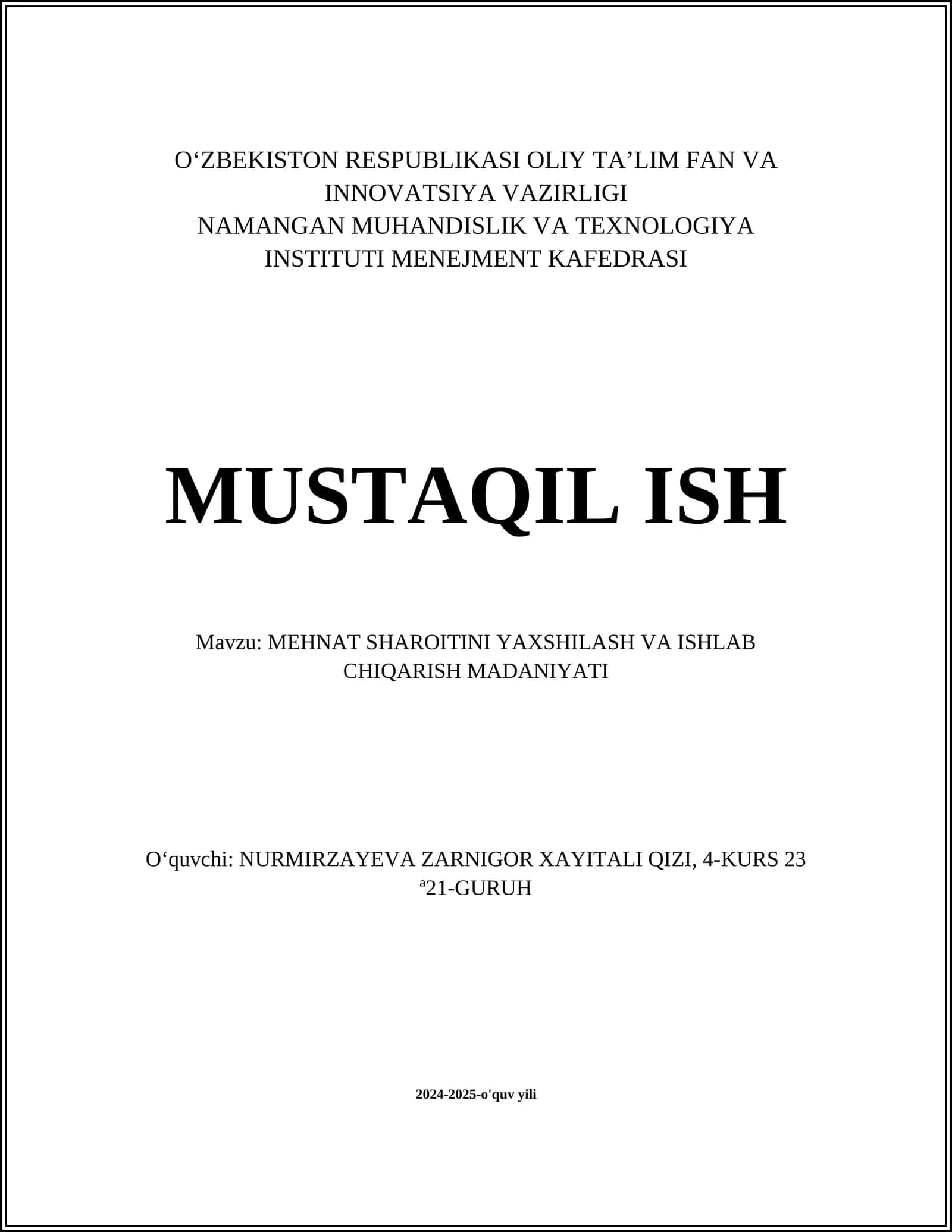MEHNAT SHAROITINI YAXSHILASH VA ISHLAB CHIQARISH MADANIYATI