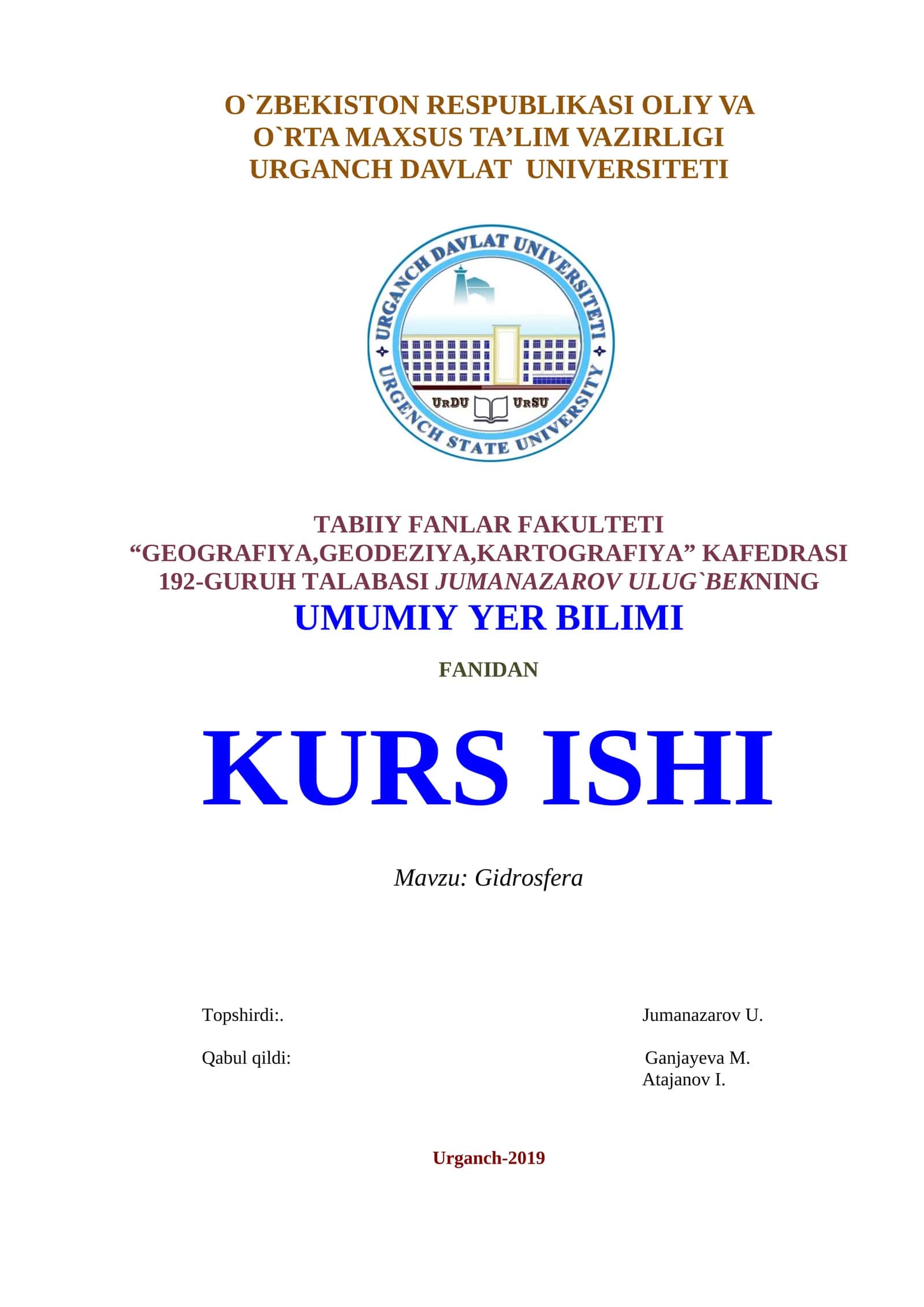 Gidrosfera kurs ishi
