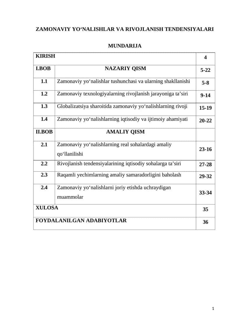ZAMONAVIY YOʻNALISHLAR VA RIVOJLANISH TENDENSIYALARI