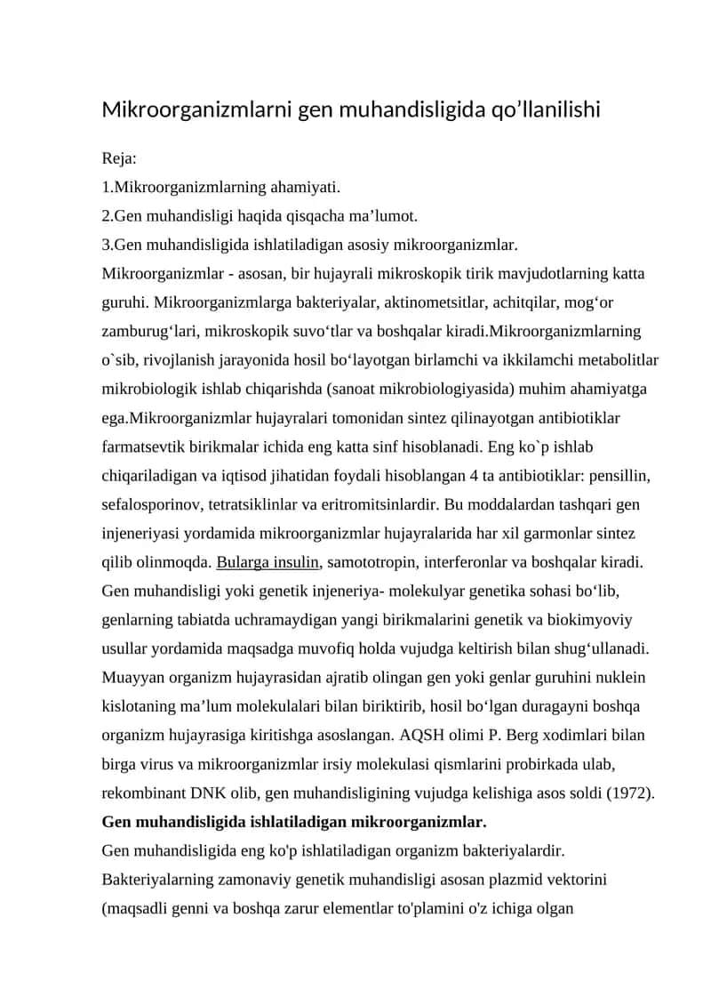 Mikroorganizmlarni gen muhandisligida qo’llanilishi