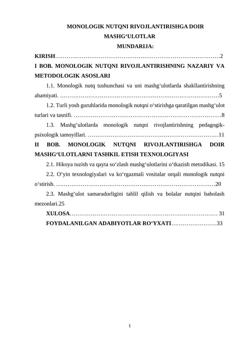 MONOLOGIK NUTQNI RIVOJLANTIRISHGA DOIR MASHG‘ULOTLAR