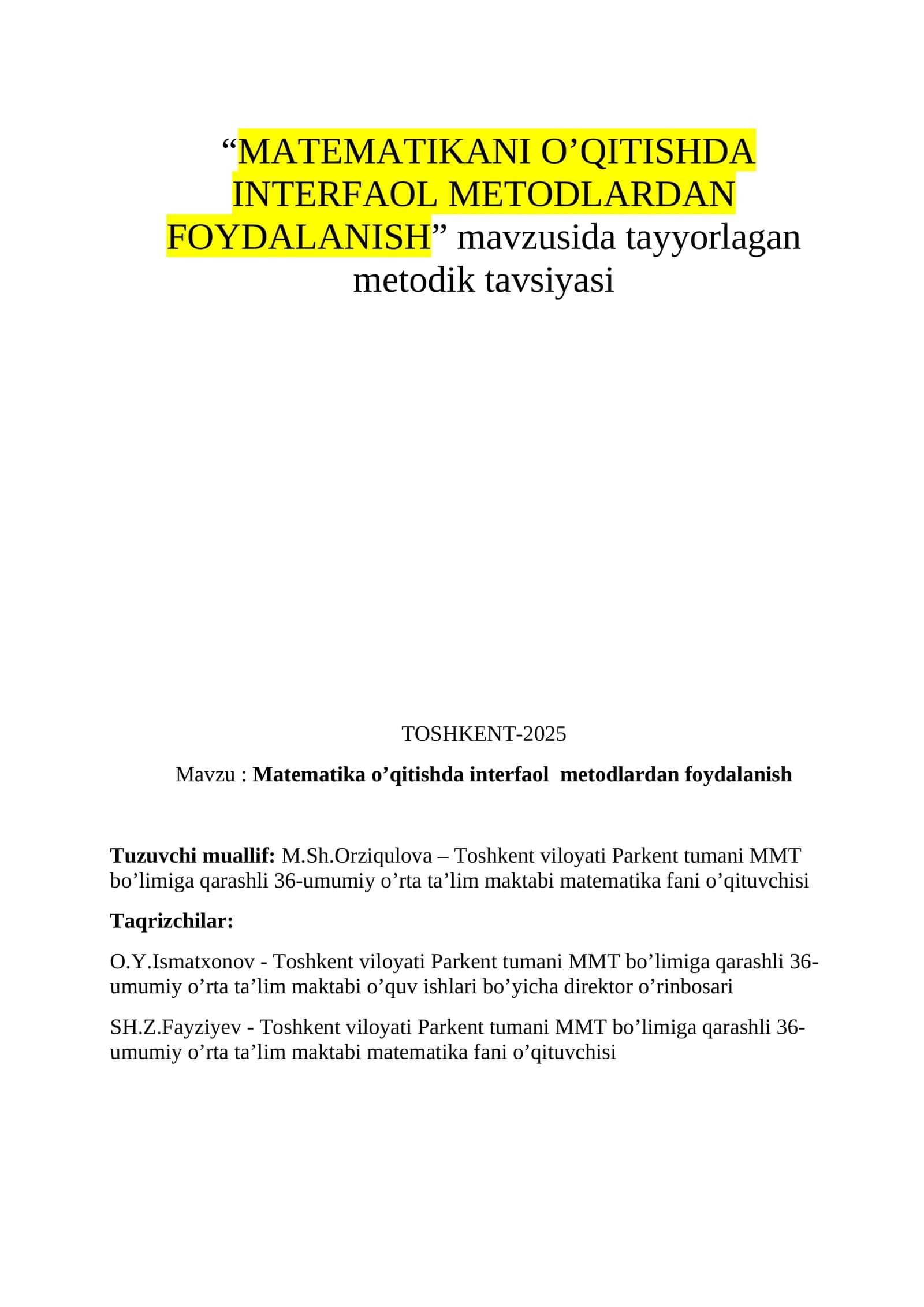 Matematikani O’qitishda Interfaol Metodlardan Foydalanish