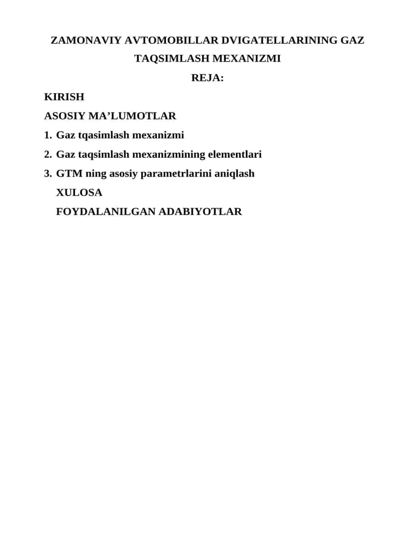 Zamonaviy Avtomobillar Dvigatelllarining Gaz Taqsimlash Mexanizmi