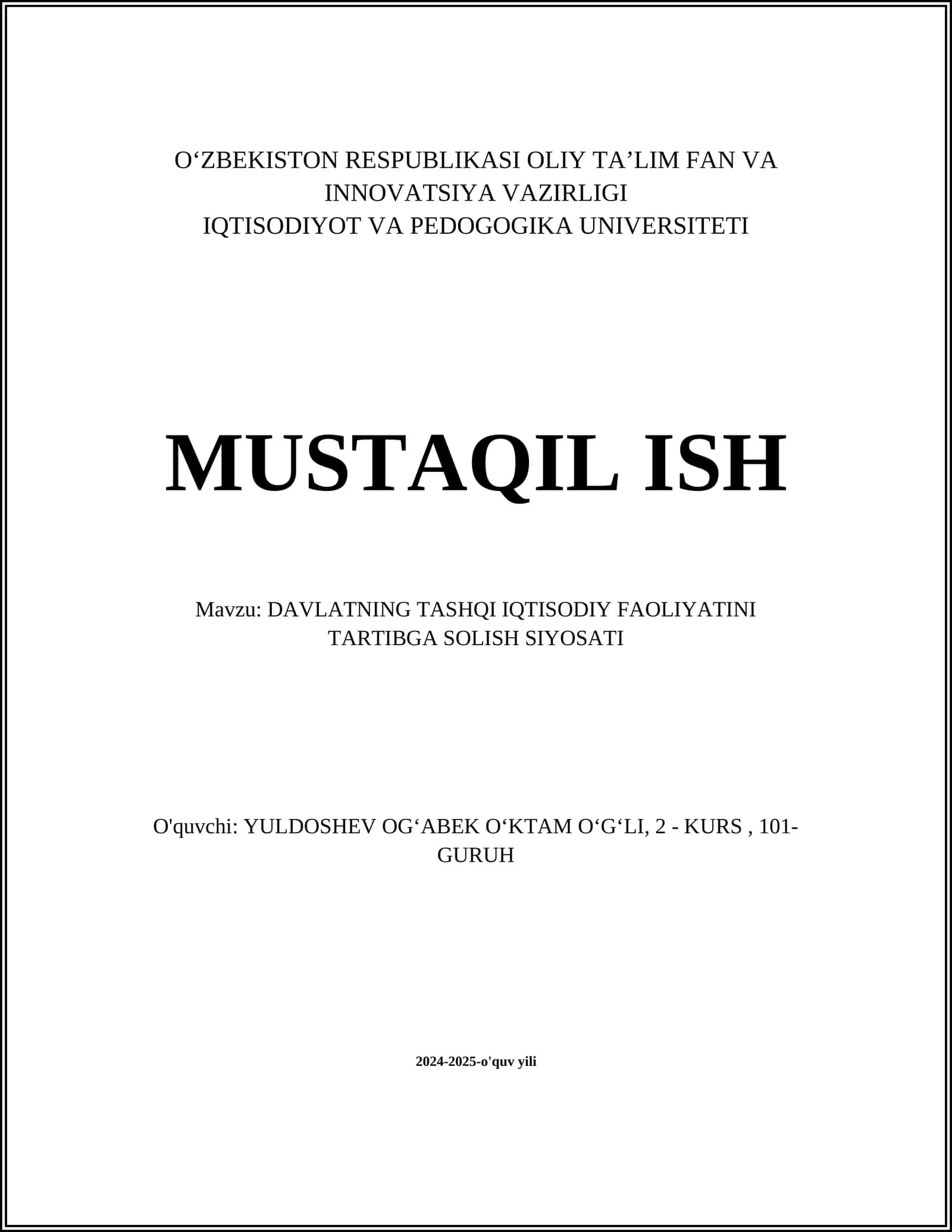 DAVLATNING TASHQI IQTISODIY FAOLIYATINI TARTIBGA SOLISH SIYOSATI