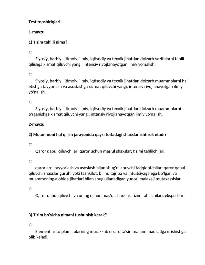 axborot tizimlarini loyihalash va tizimli tahlil fanidan test topshiriqlari