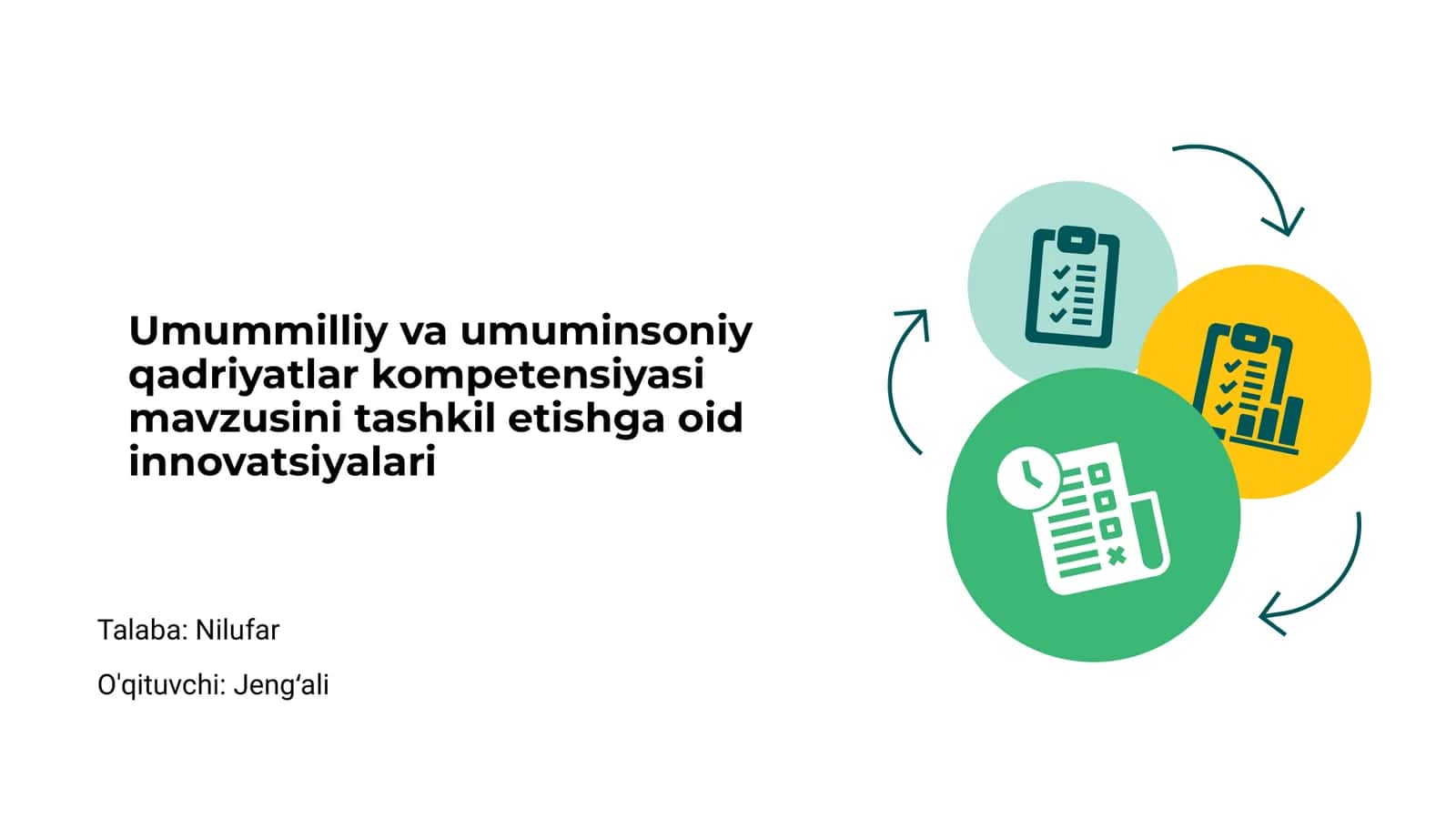 Umummilliy va umuminsoniy qadriyatlar kompetensiyasi mavzusini tashkil etishga oid innovatsiyalari