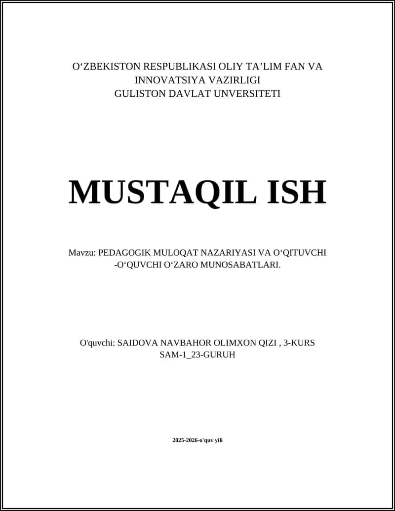 PEDAGOGIK MULOQAT NAZARIYASI VA OʻQITUVCHI -OʻQUVCHI OʻZARO MUNOSABATLARI