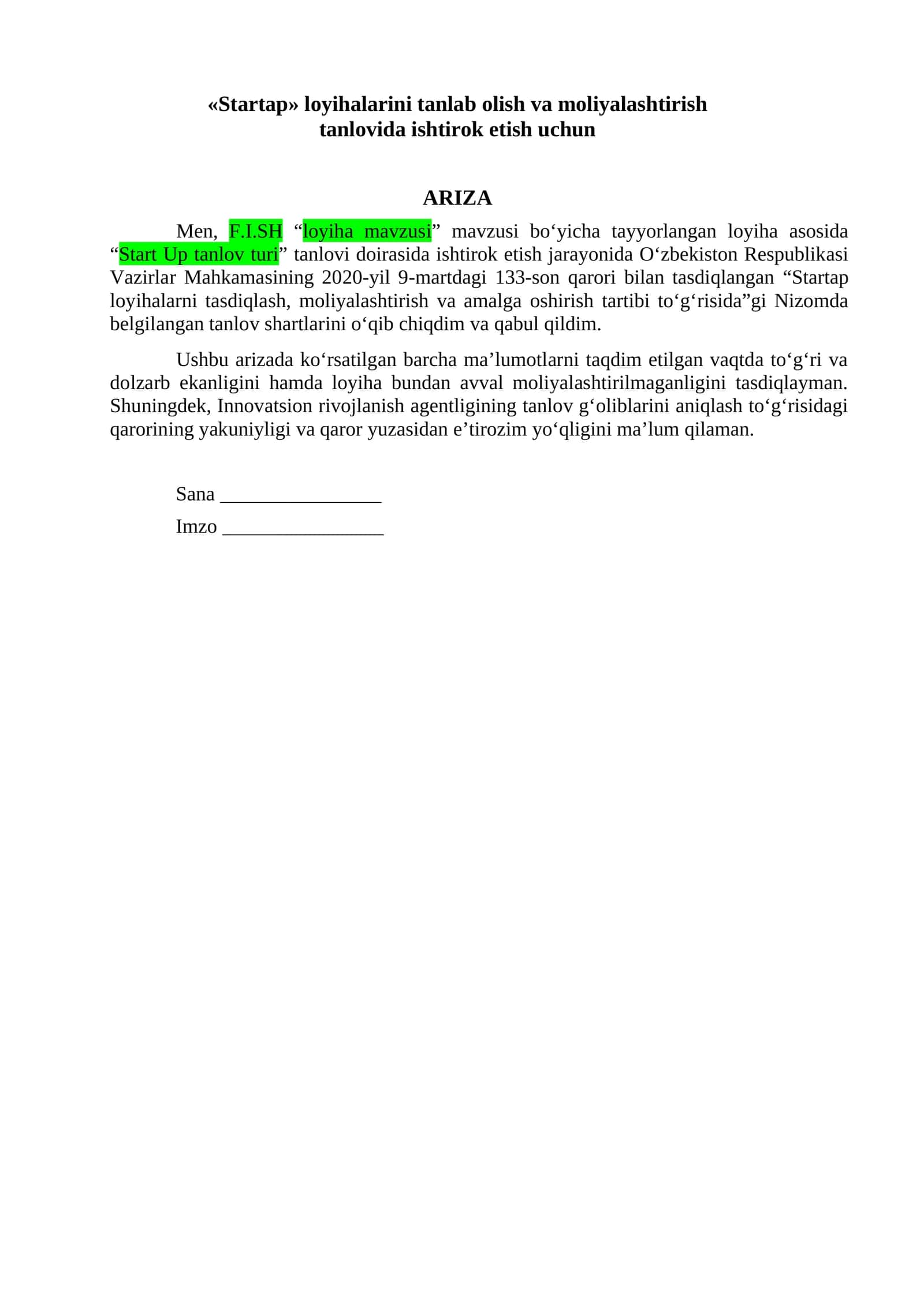 «Startap» loyihalarini tanlab olish va moliyalashtirish