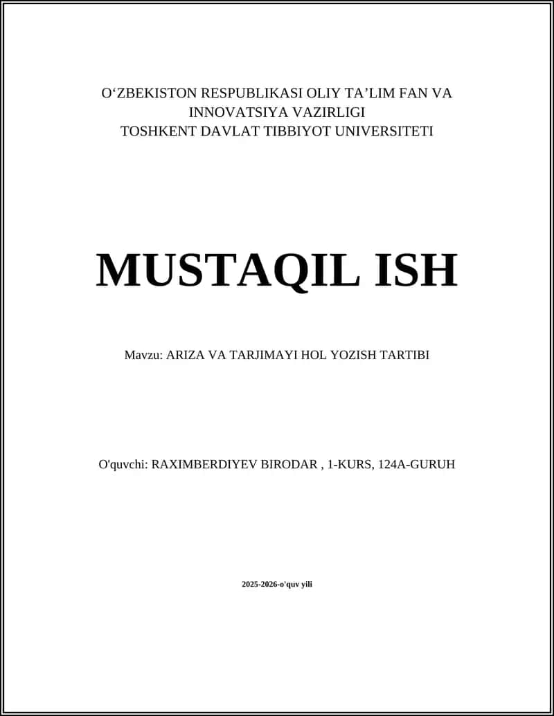 ARIZA VA TARJIMAYI HOL YOZISH TARTIBI