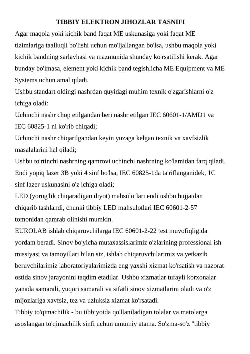 TIBBIY ELEKTRON JIHOZLAR TASNIFI