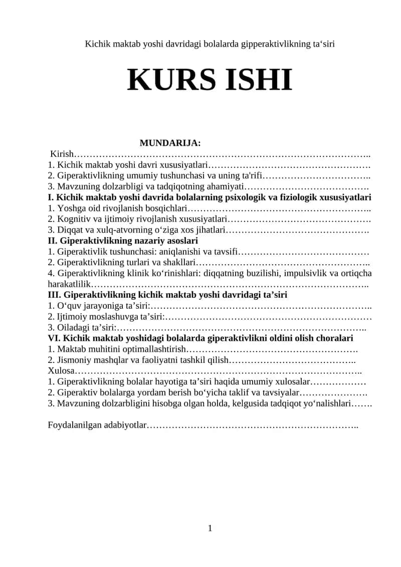 Kichik maktab yoshi davridagi bolalarda gipperaktivlikning ta‘siri
