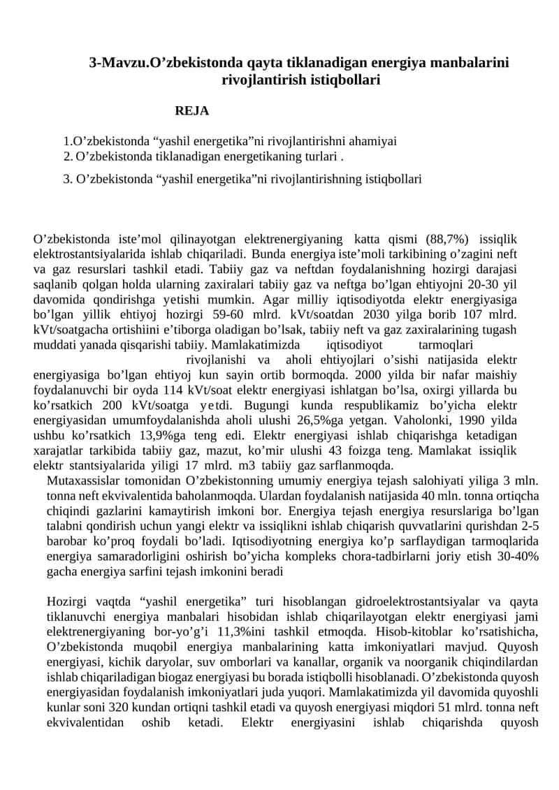 O'zbekistonda tiklanadigan energiya manbalarini rivojlantirish istiqbollari