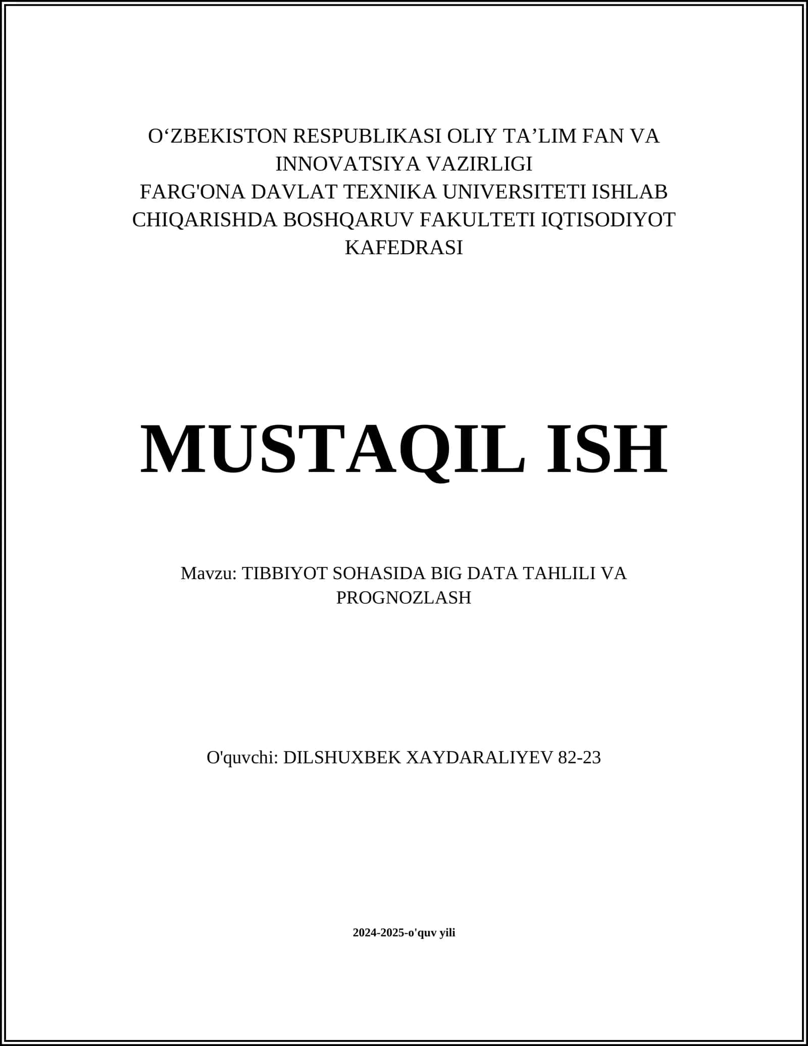 TIBBIYOT SOHASIDA BIG DATA TAHLILI VA PROGNOZLASH