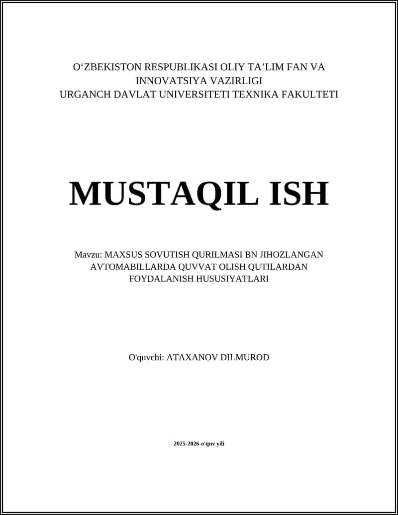 MAXSUS SOVUTISH QURILMASI BN JIHOZLANGAN AVTOMABILLARDA QUVVAT OLISH QUTILARDAN FOYDALANISH HUSUSIYATLARI