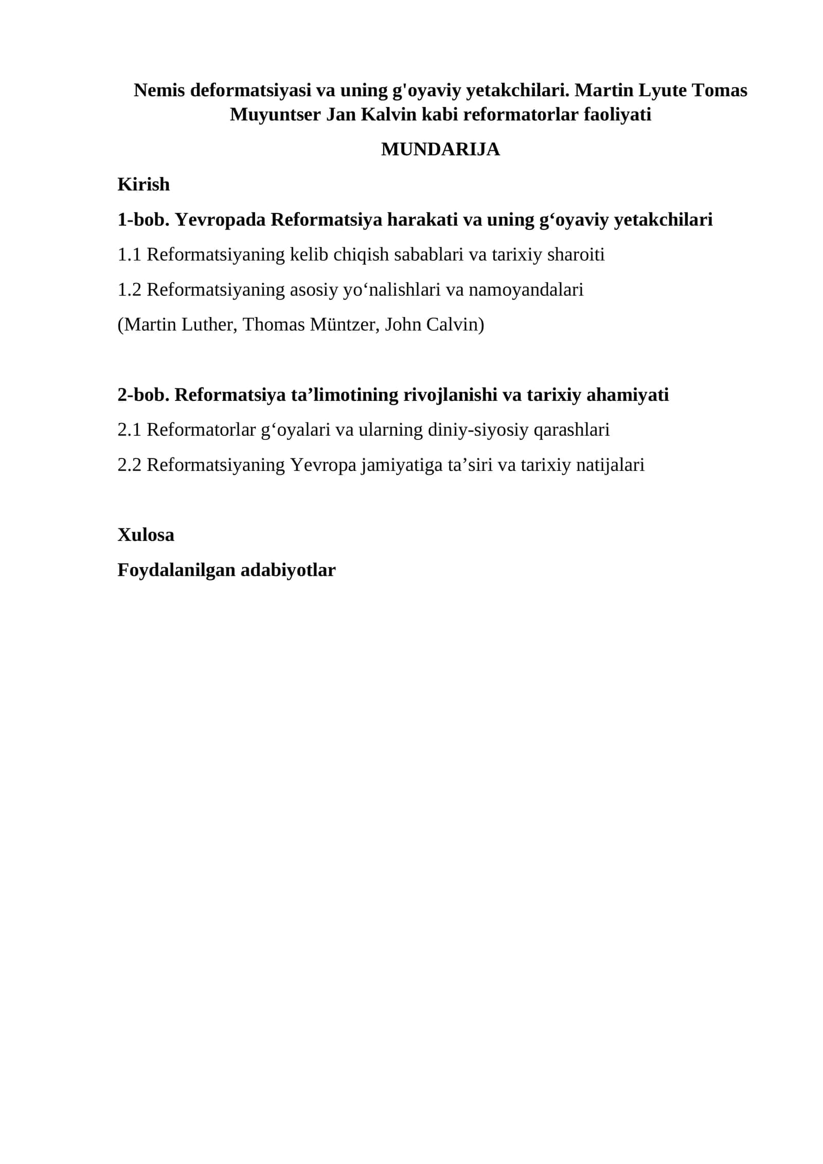 Reformatsiya harakati va Reformatorlar faoliyati