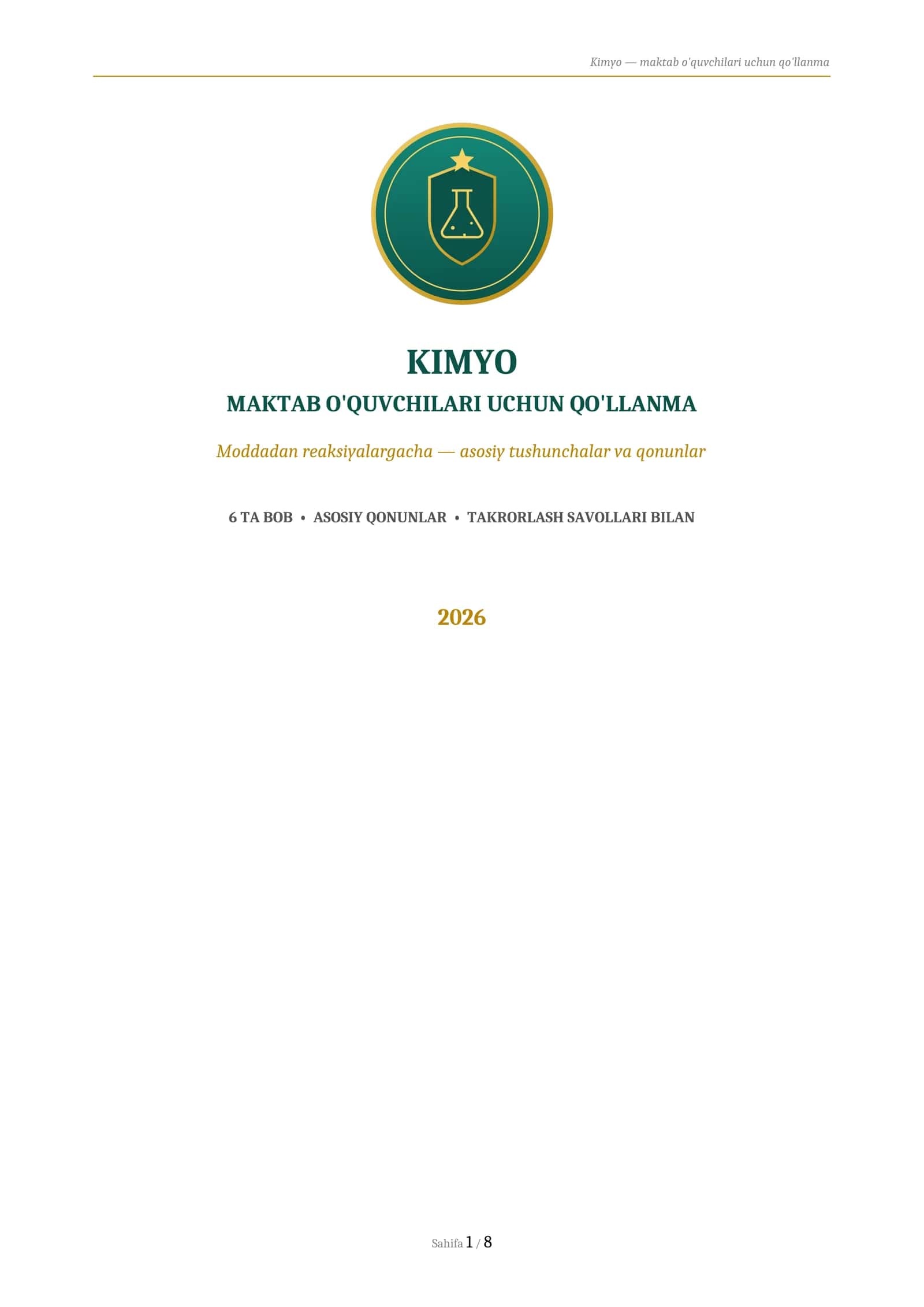 KIMYO
MAKTAB O'QUVCHILARI UCHUN QO'LLANMA