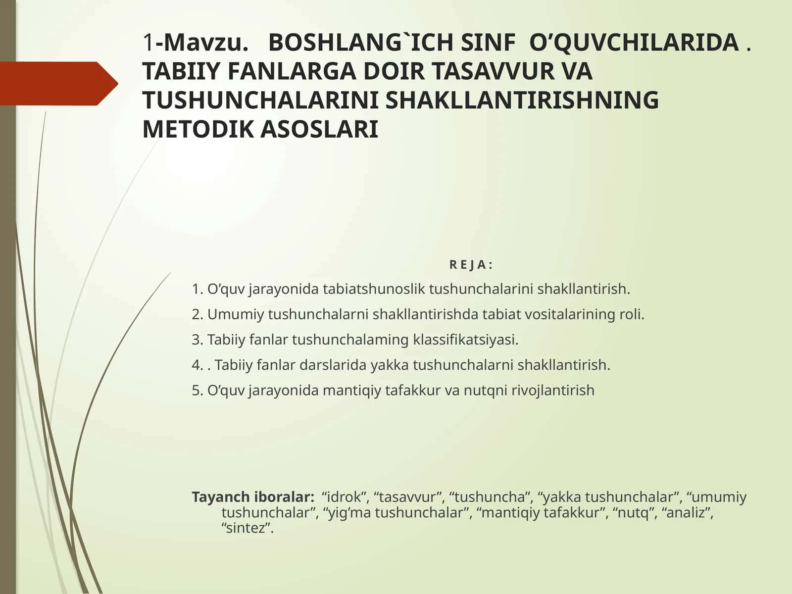 BOSHLANG`ICH SINF O’QUVCHILARIDA.TABIIY FANLARGA DOIR TASAVVUR VA TUSHUNCHALARINI SHAKLLANTIRISHNING METODIK ASOSLARI
