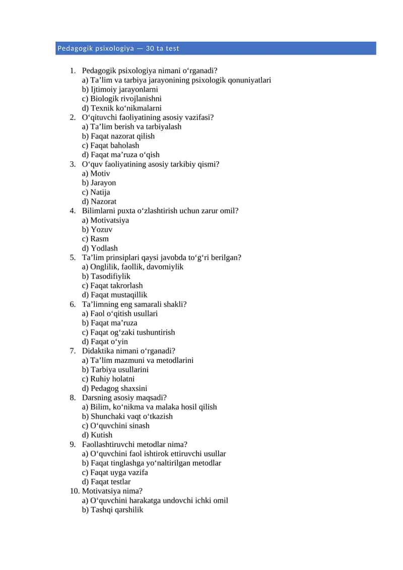 Pedagogik psixologiya — 30 ta test