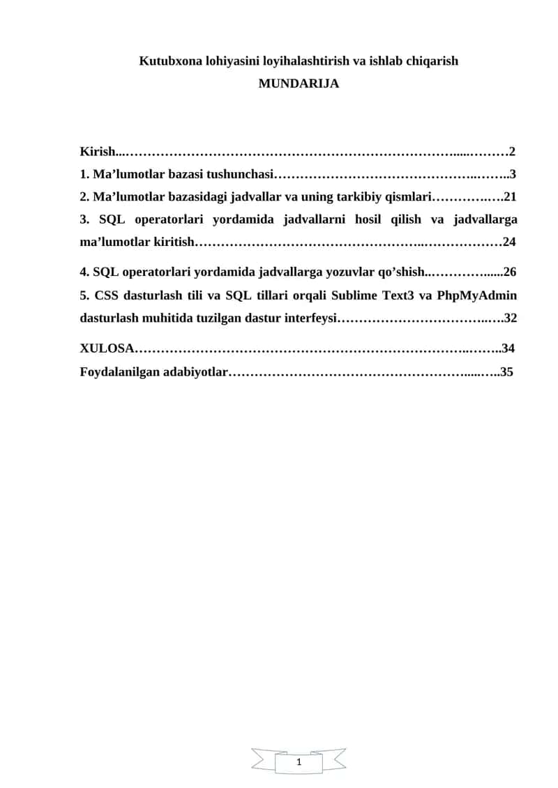 Kutubxona lohiyasini loyihalashtirish va ishlab chiqarish