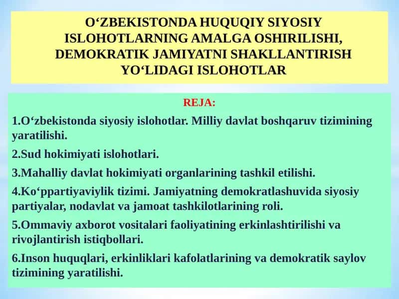 O‘zbekistonda Huquqiy Siyosiy Islohotlar