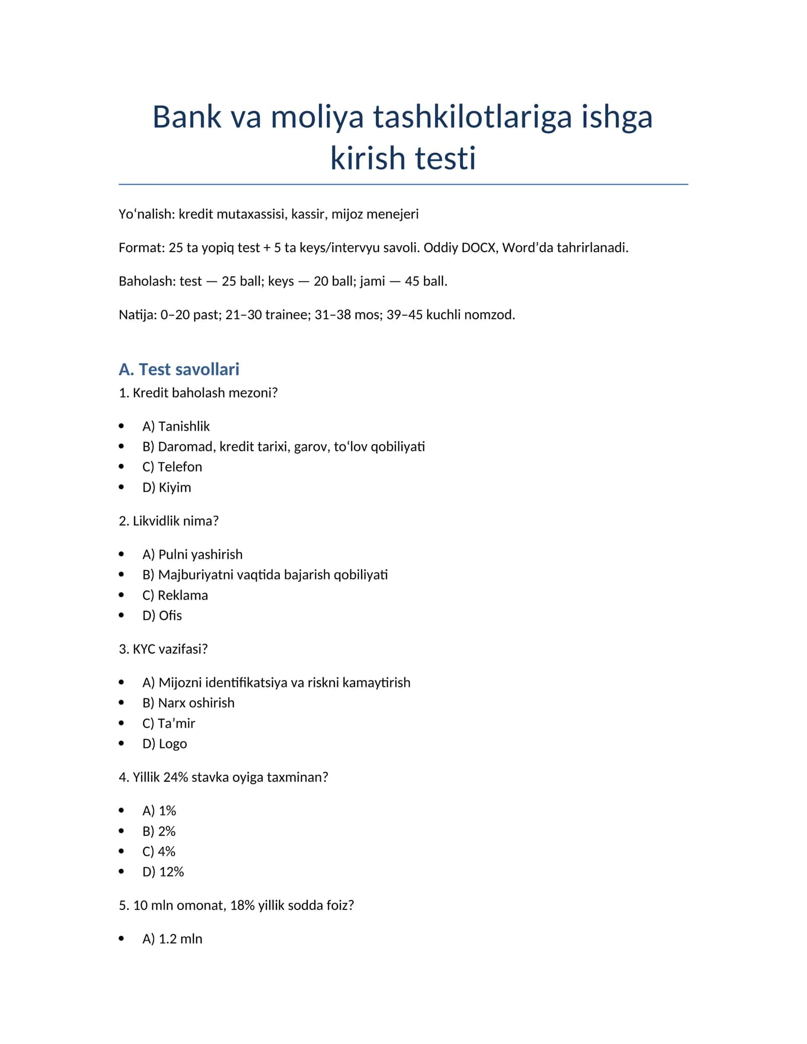 Bank va moliya tashkilotlariga ishga kirish testi