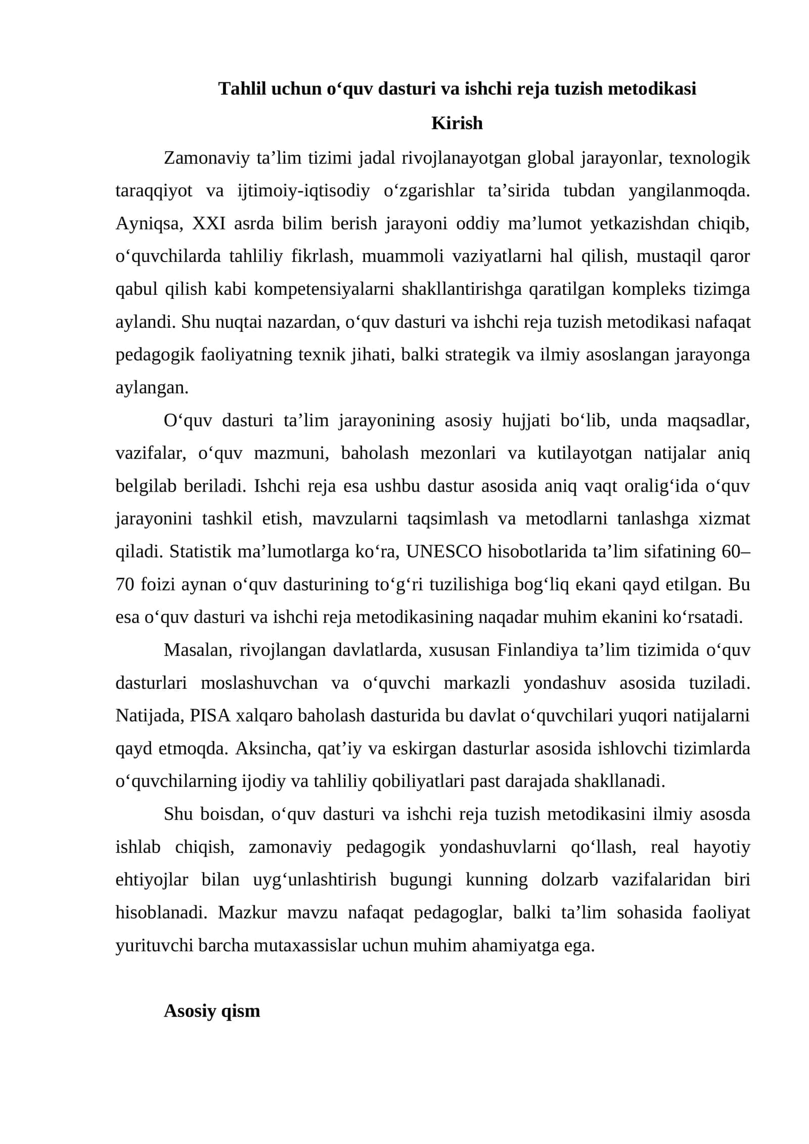 Tahlil uchun o‘quv dasturi va ishchi reja tuzish metodikasi
