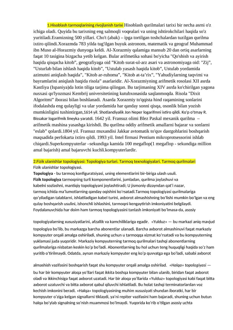 Hisoblash tarmoqlarining rivojlanishi tarixi
