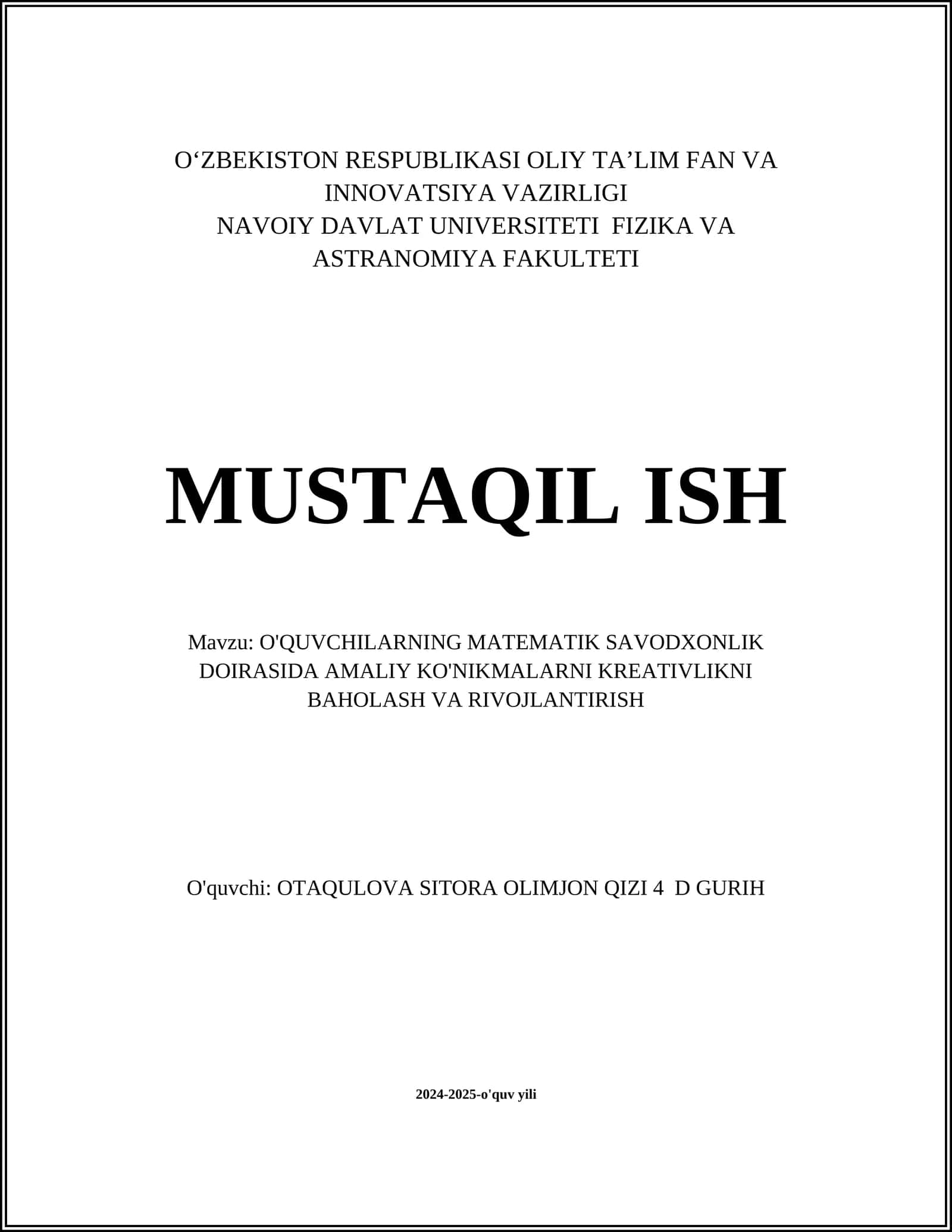 O'QUVCHILARNING MATEMATIK SAVODXONLIK DOIRASIDA AMALIY KO'NIKMALARNI KREATIVLIKNI BAHOLASH VA RIVOJLANTIRISH