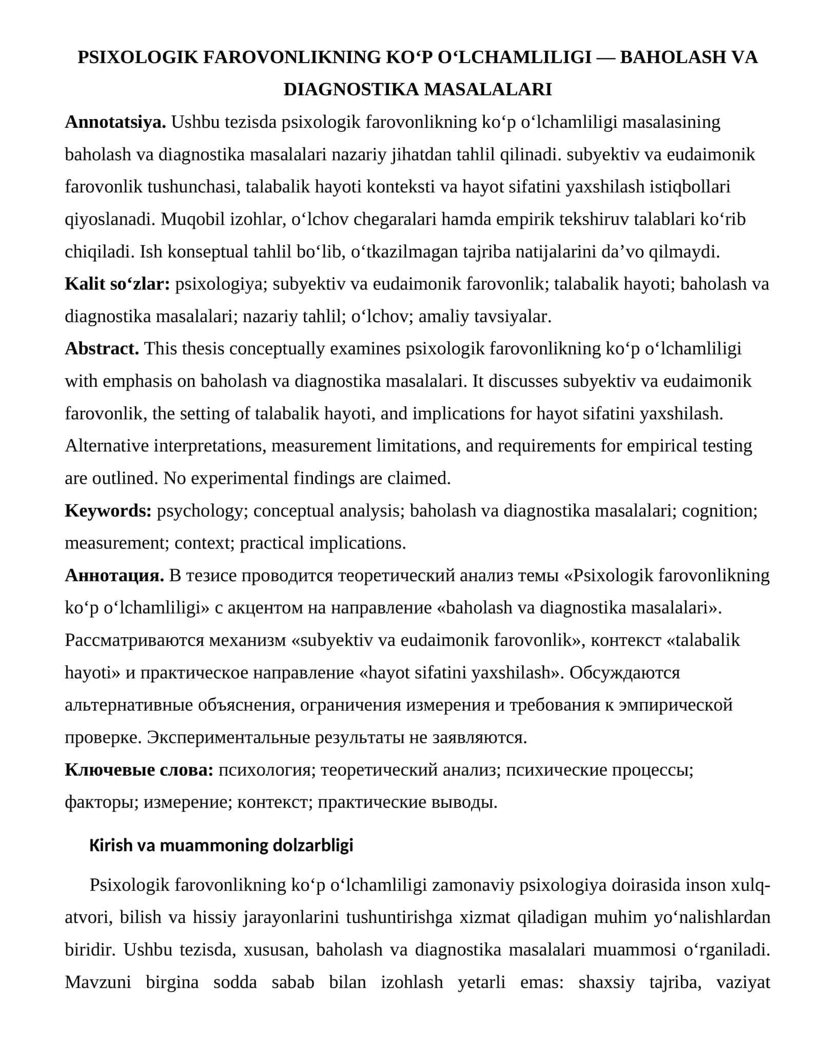 PSIXOLOGIK FAROVONLIKNING KO‘P O‘LCHAMLILIGI — BAHOLASH VA DIAGNOSTIKA MASALALARI