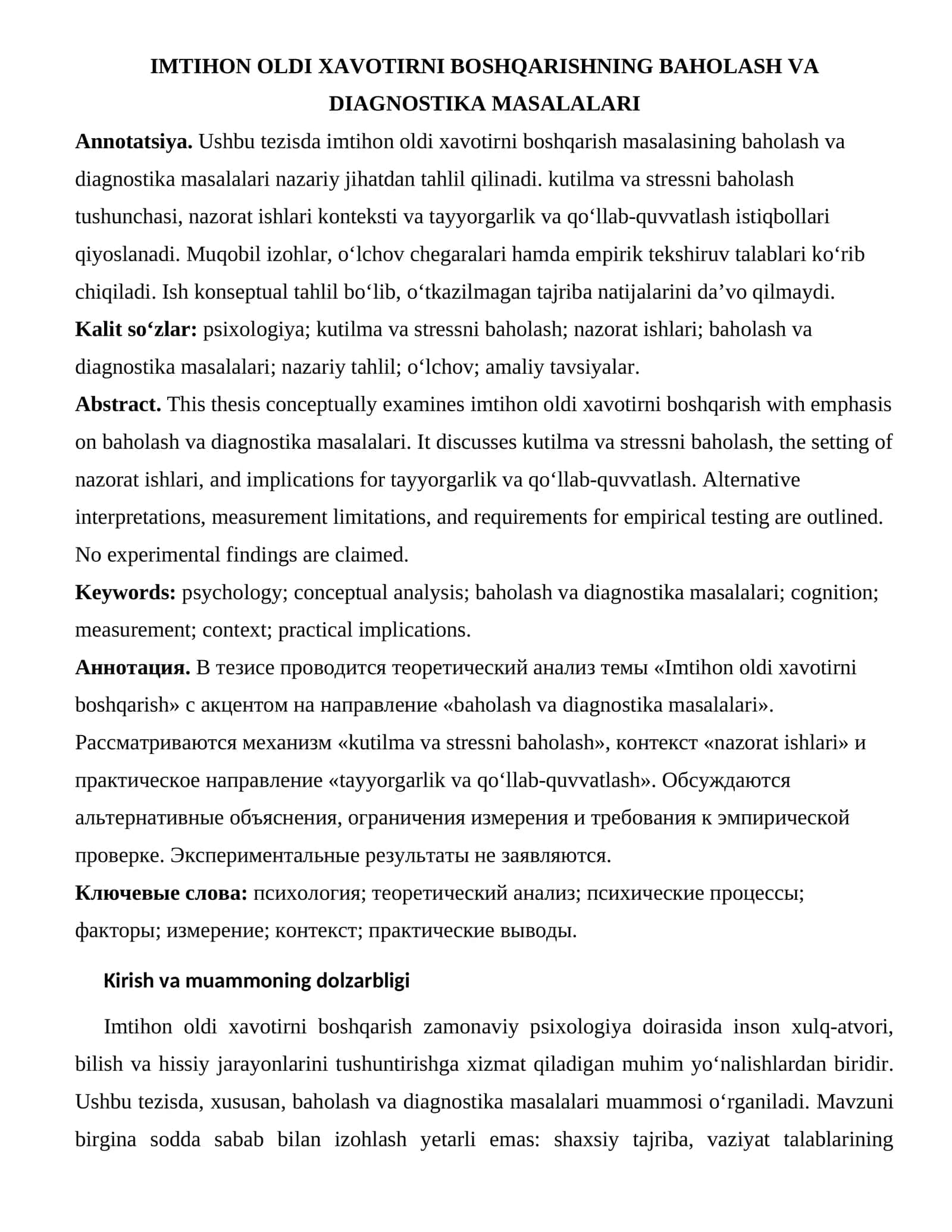 Baholash va diagnostika masalalari