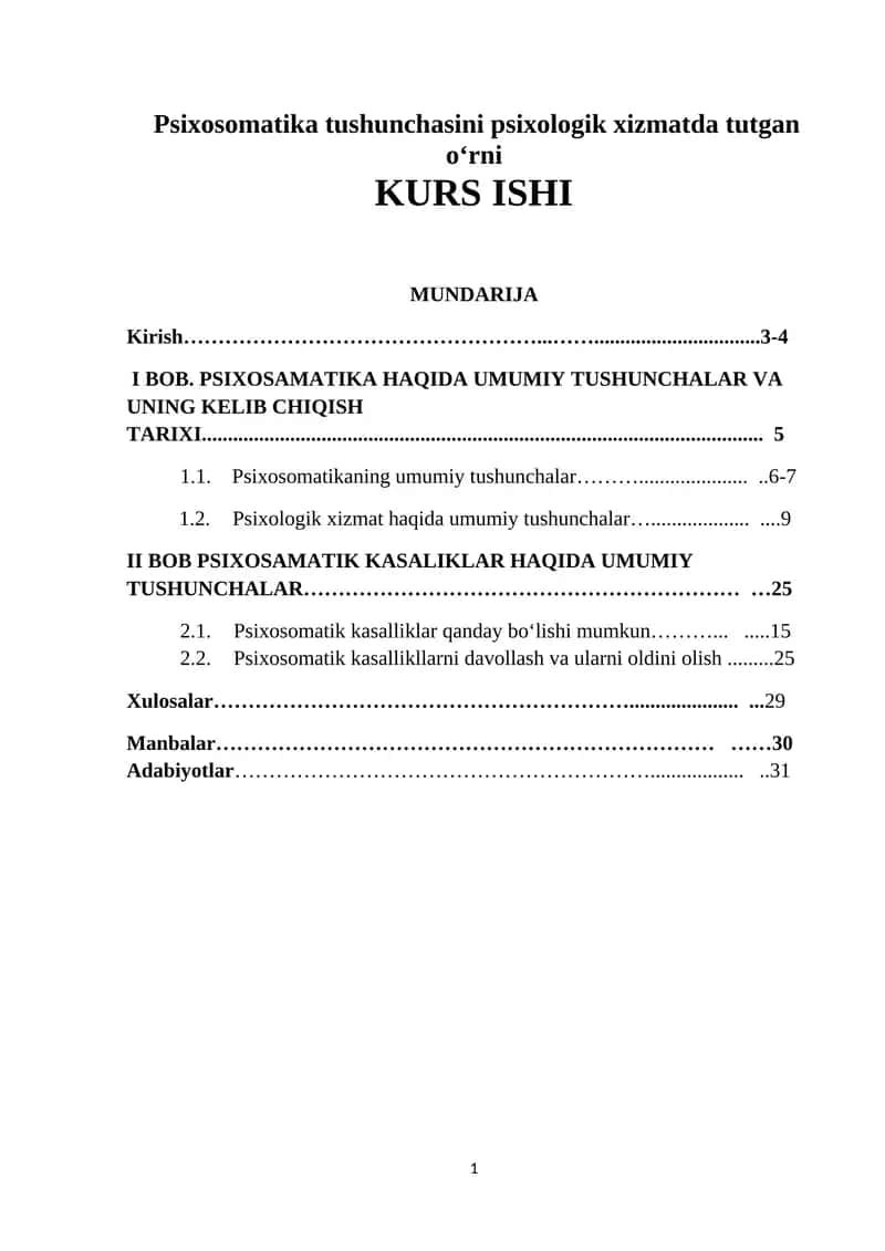 Psixosomatika tushunchasini psixologik xizmatda tutgan o‘rni