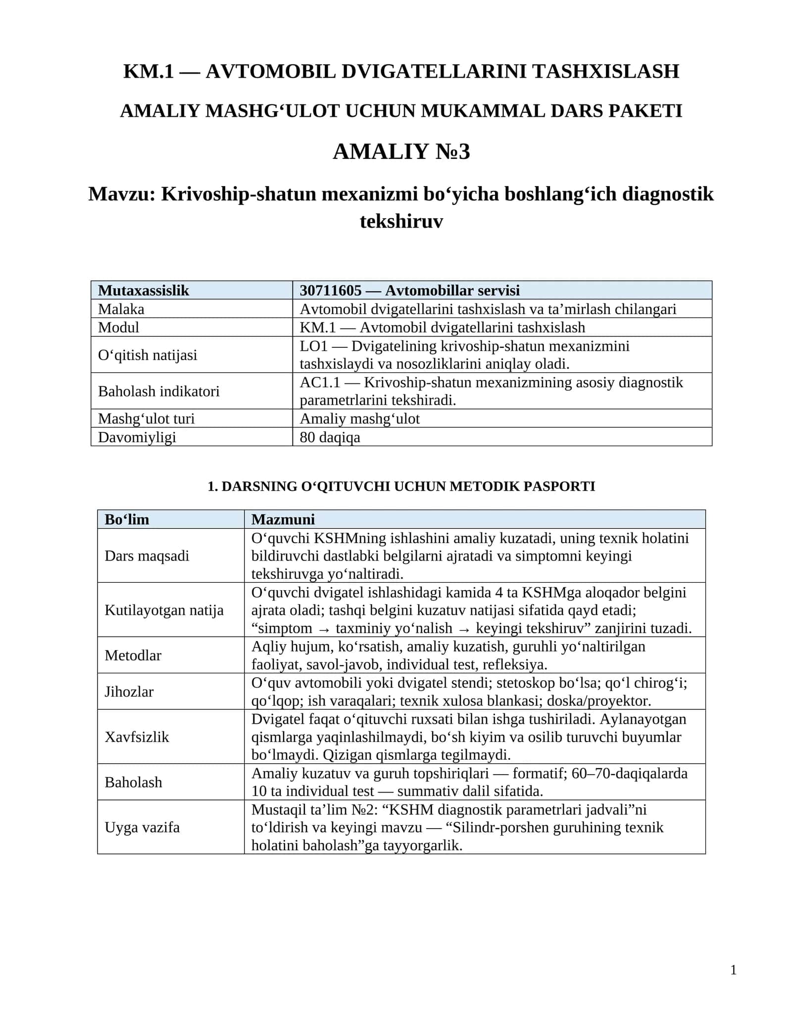 KM.1 — AVTOMOBIL DVIGATELLARINI TASHXISLASH. Amaliy_3_Krivoship_shatun_mexanizmi_boyicha_boshlangich_diagnostik_tekshiruv