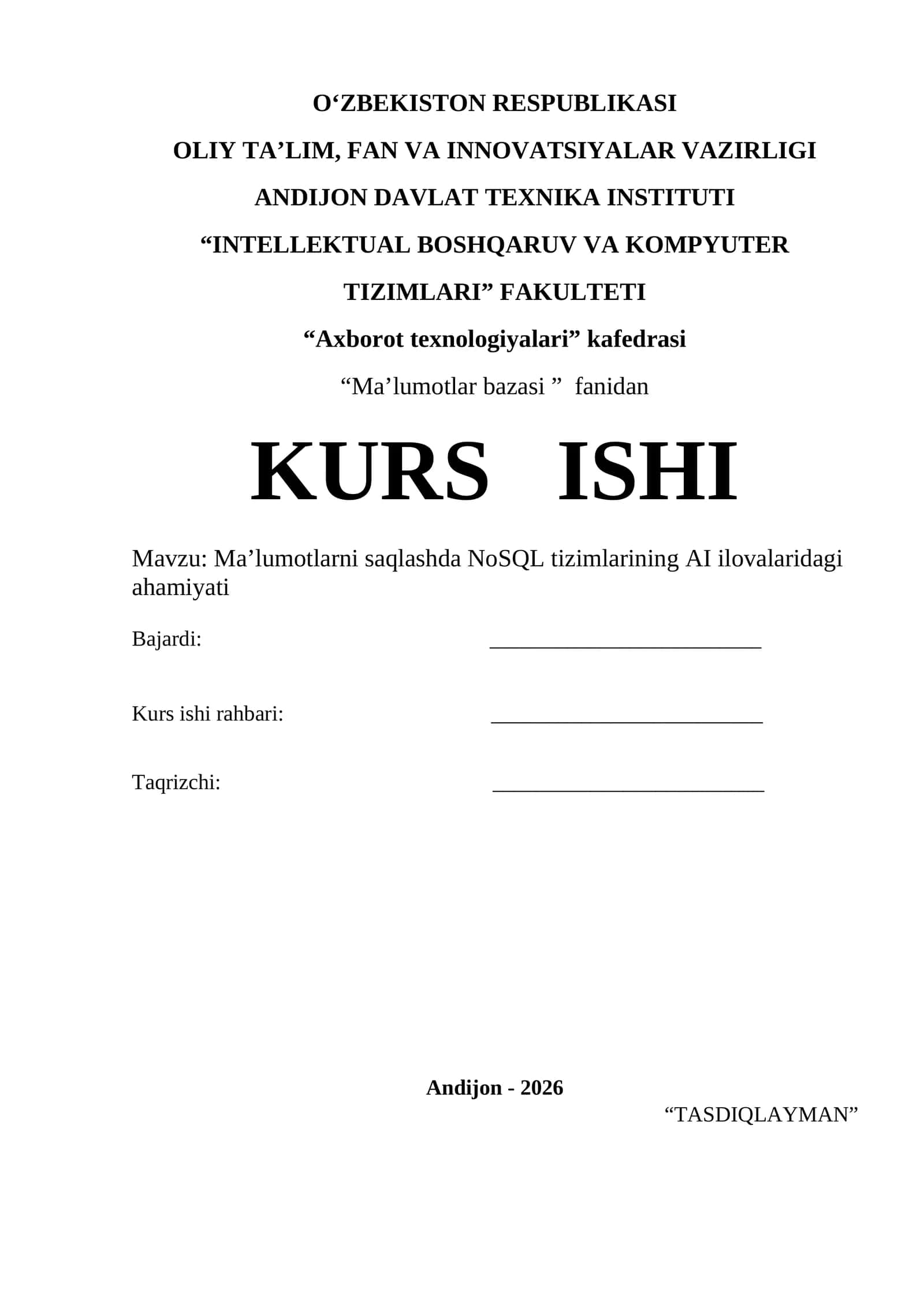 Ma’lumotlarni saqlashda NoSQL tizimlarining AI ilovalaridagi ahamiyati