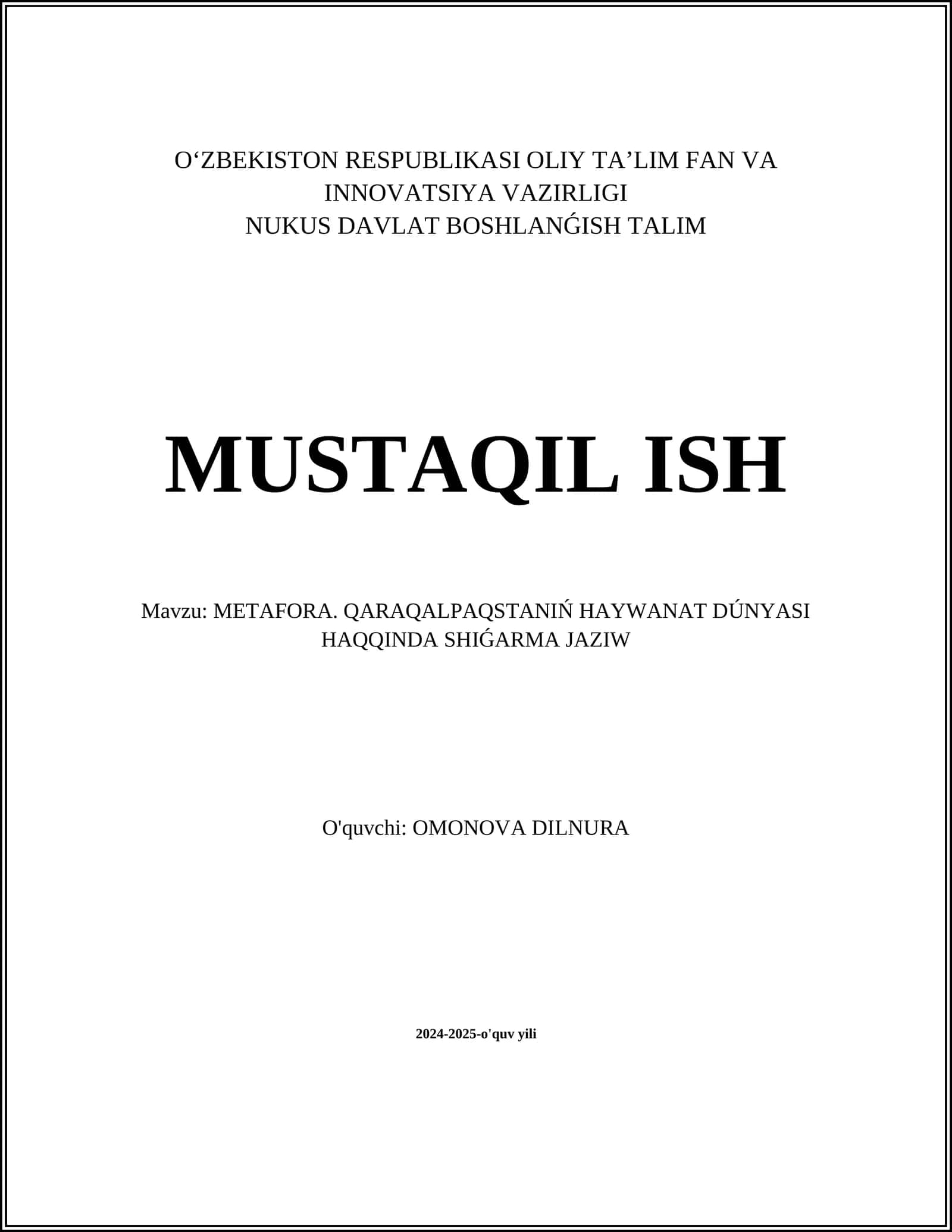 METAFORA. QARAQALPAQSTANIŃ HAYWANAT DÚNYASI HAQQINDA SHIǴARMA JAZIW