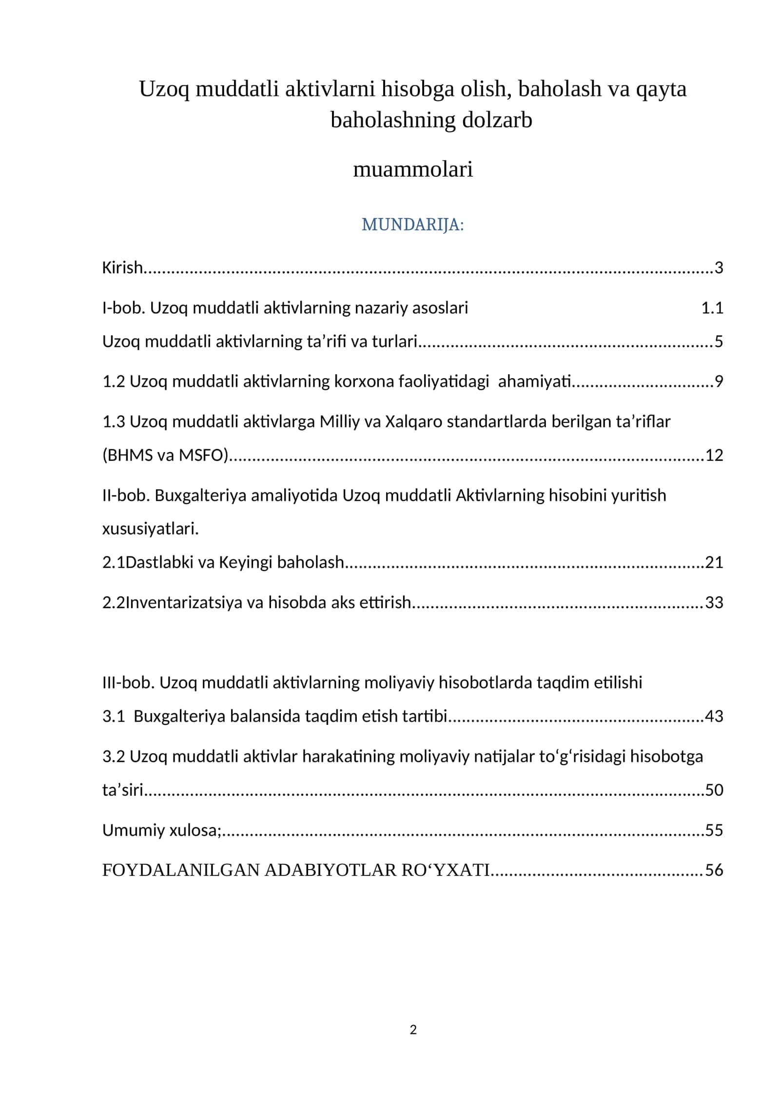Uzoq muddatli aktivlarni hisobga olish, baholash va qayta baholashning dolzarb muammolari