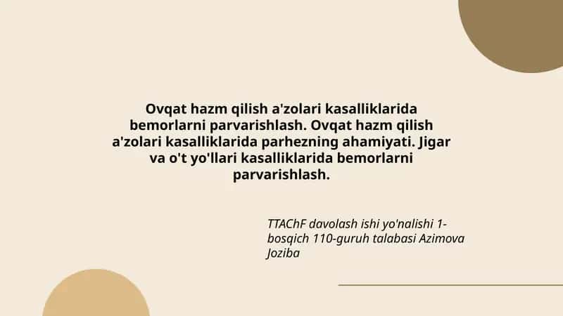 TTAChF davolash ishi yo'nalishi 1-bosqich 110-guruh talabasi Azimova Joziba