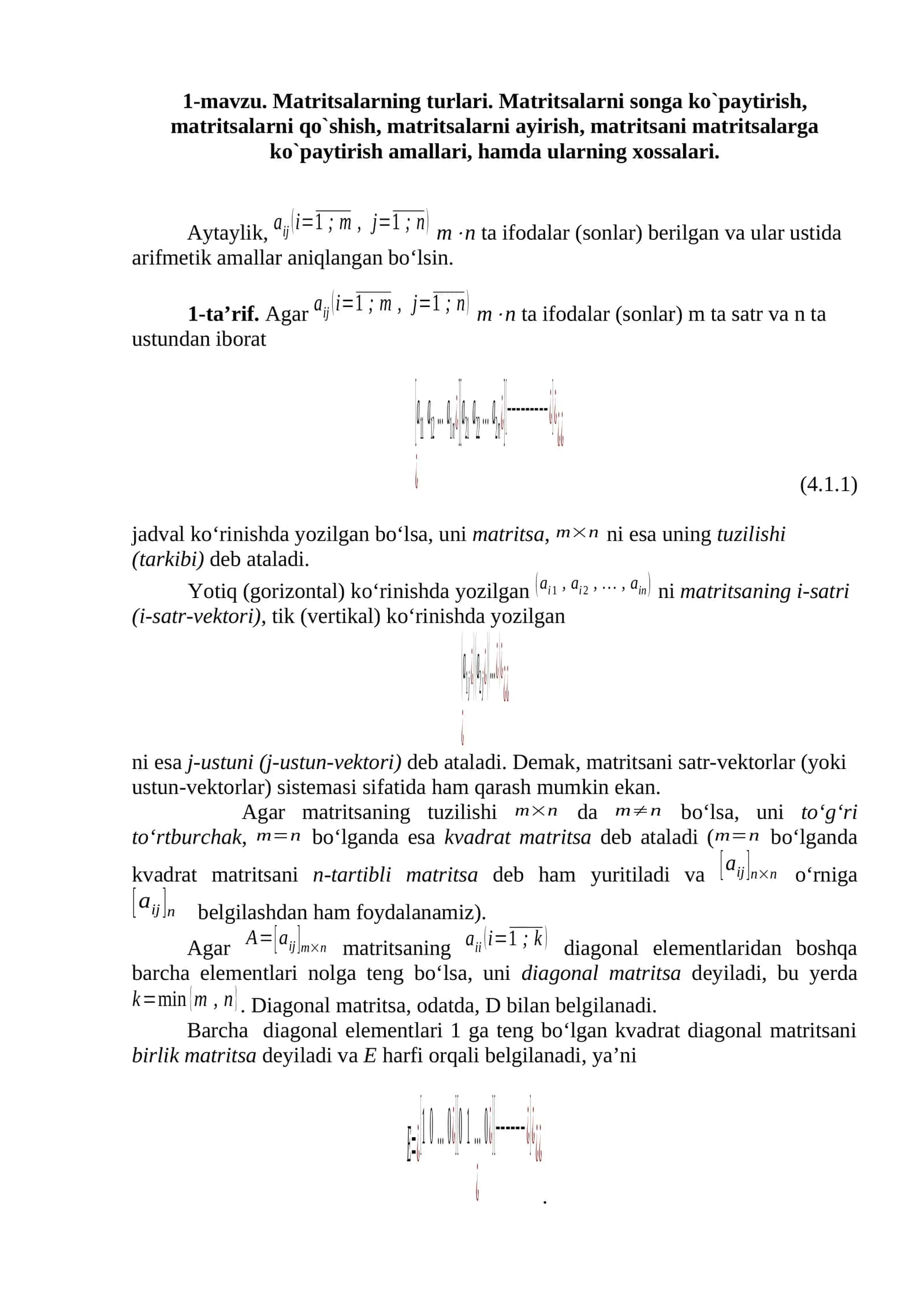 Matritsalarning turlari
