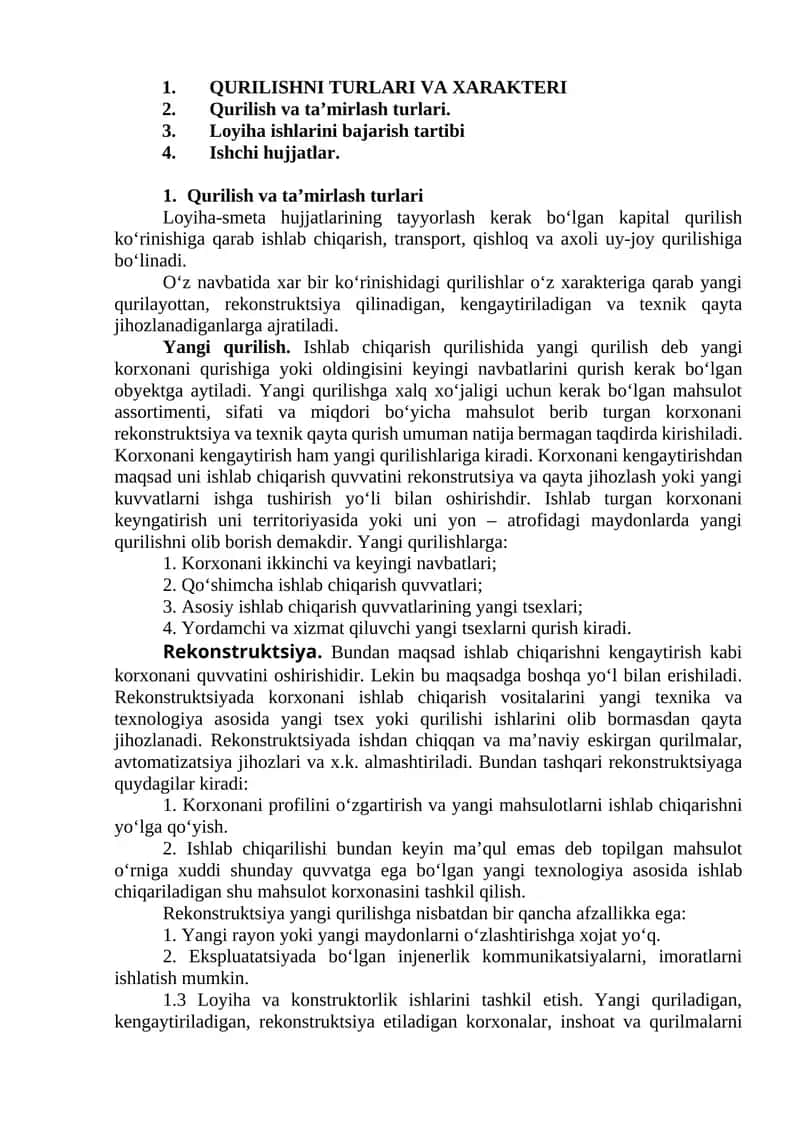 Qurilish va ta’mirlash turlari