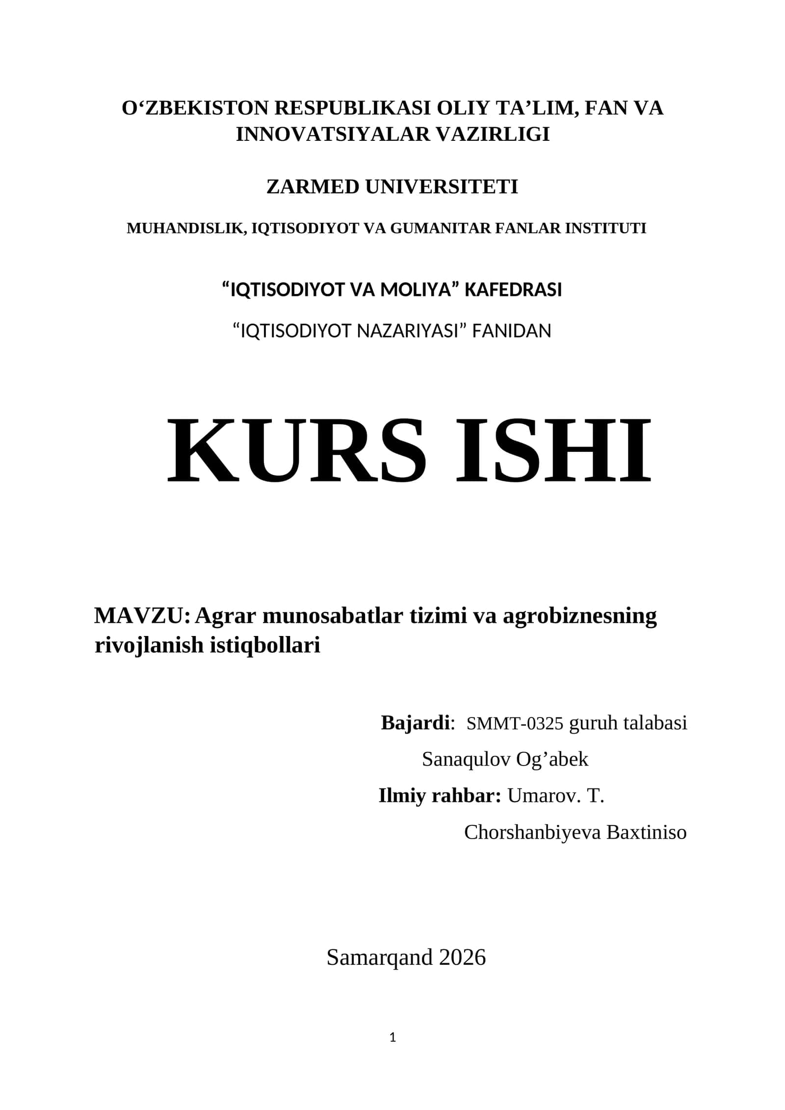 Agrar munosabatlar tizimi va agrobiznesning rivojlanish istiqbollari