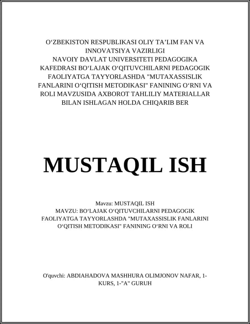 Mutaxassislik fanlarini o'qitish metodikasi