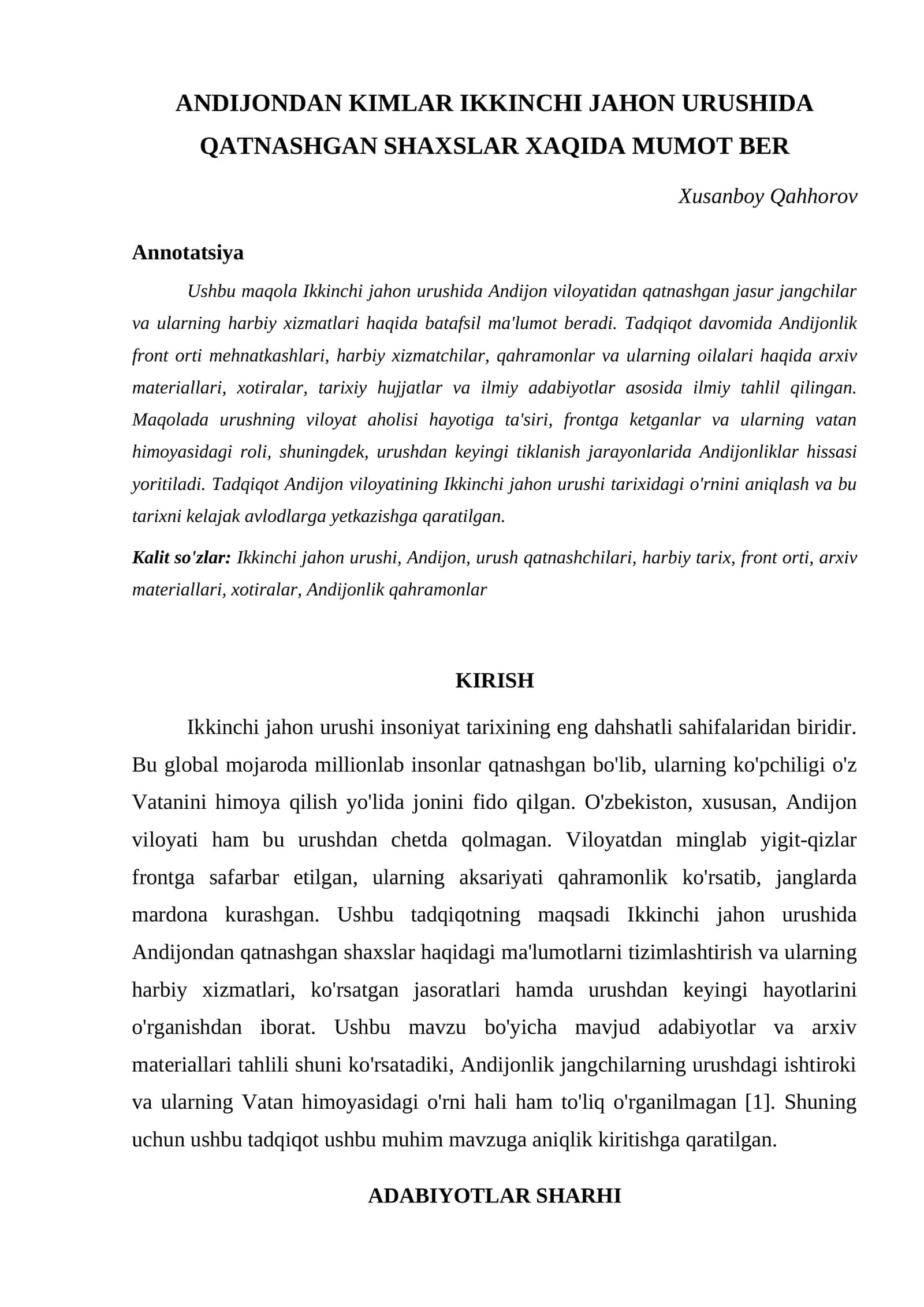 ANDIJONDAN KIMLAR IKKINCHI JAHON URUSHIDA QATNASHGAN SHAXSLAR XAQIDA MUMOT BER