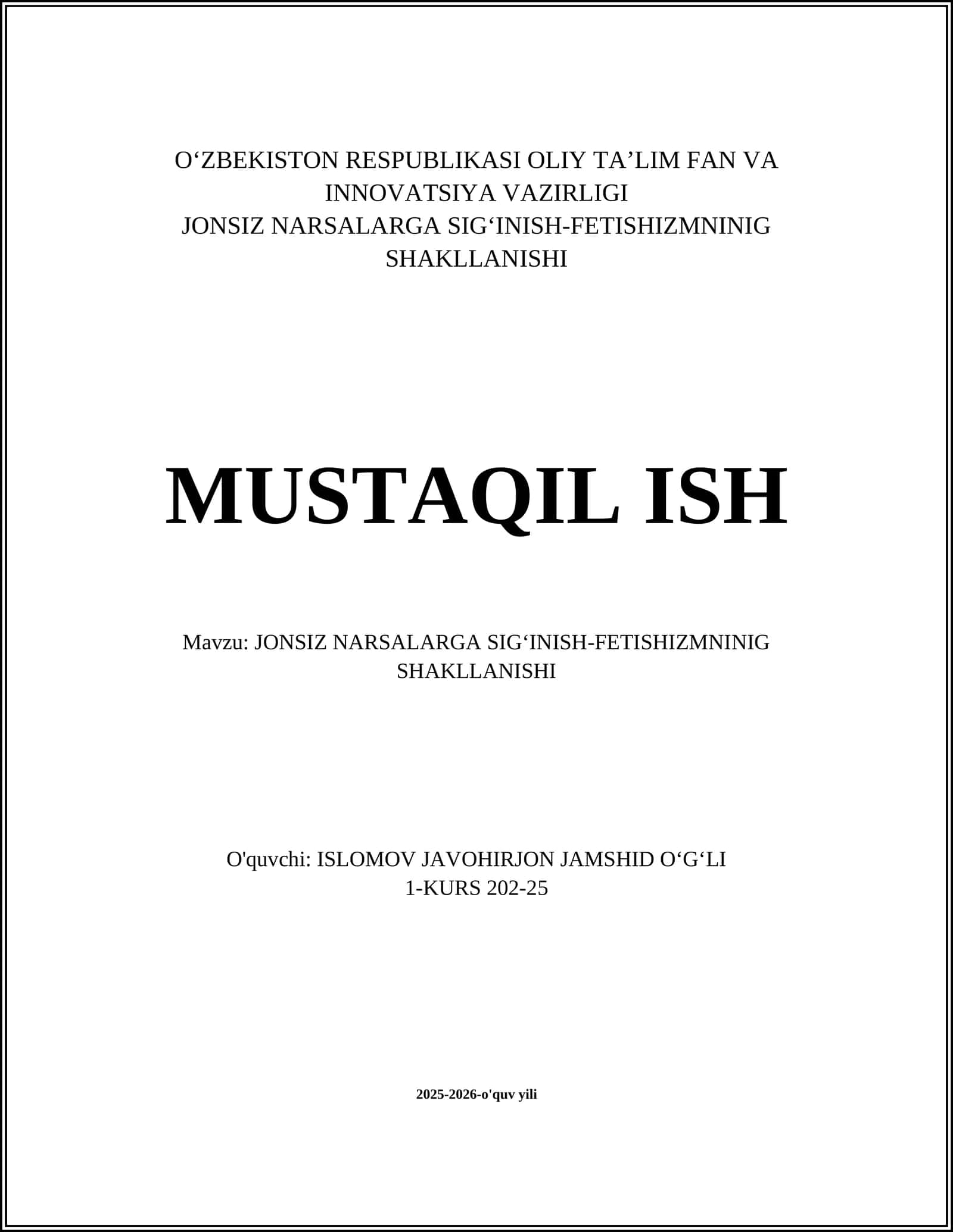 JONSIZ NARSALARGA SIGʻINISH-FETISHIZMNINIG SHAKLLANISHI