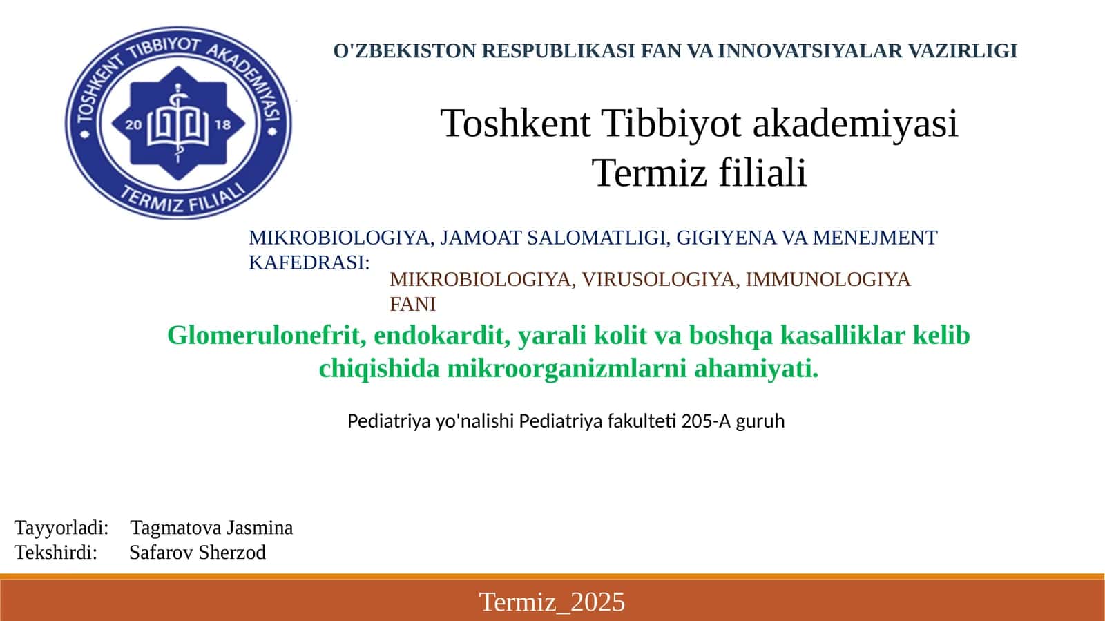 MIKROBIOLOGIYA, JAMOAT SALOMATLIGI, GIGIYENA VA MENEJMENT KAFEDRASI
